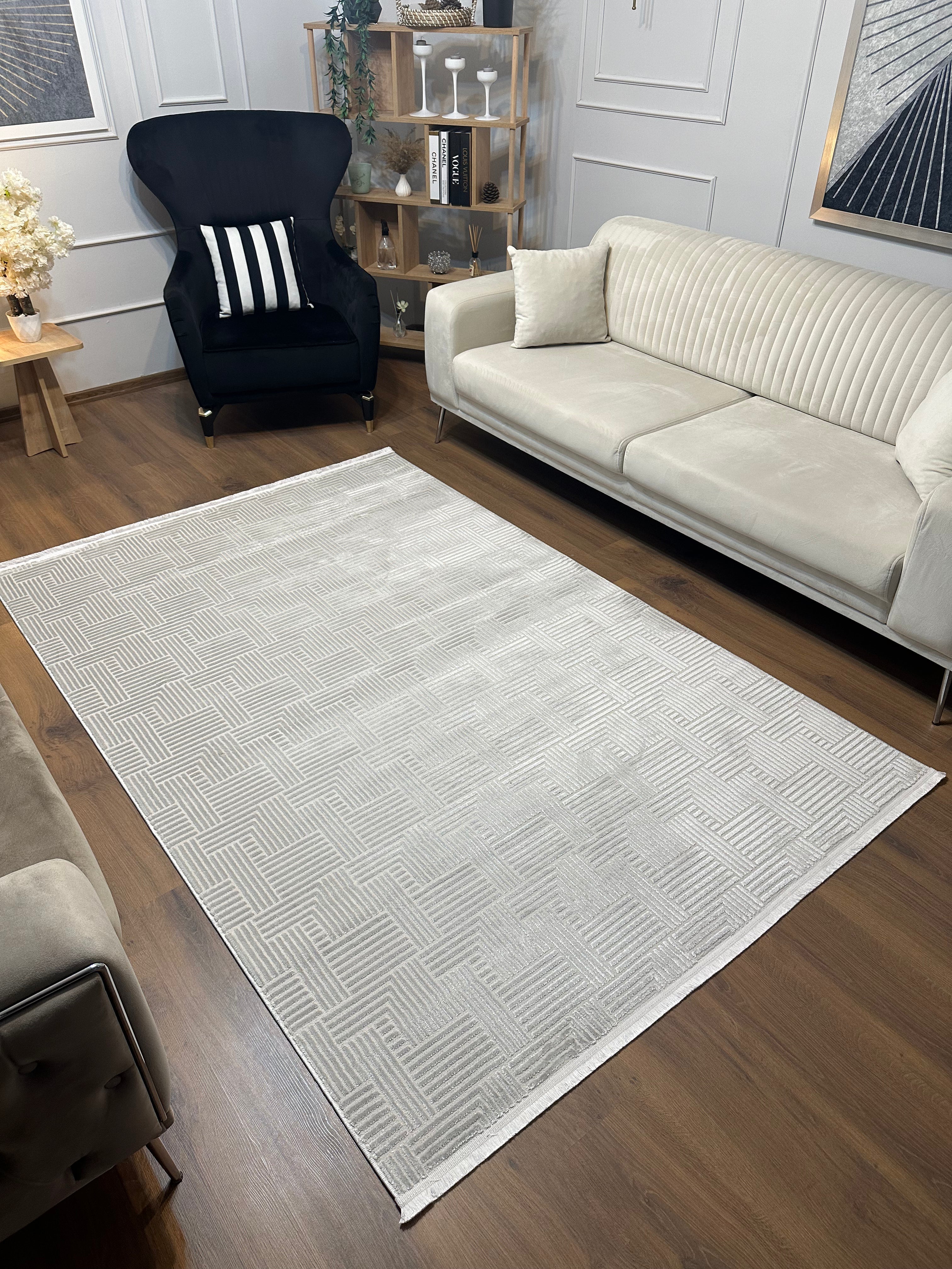 SÜMER A-2002 GRİ Kaymaz Taban Sentetik Bambu Geometrik Desenli Parlak Saten Salon Koridor Mutfak Halısı