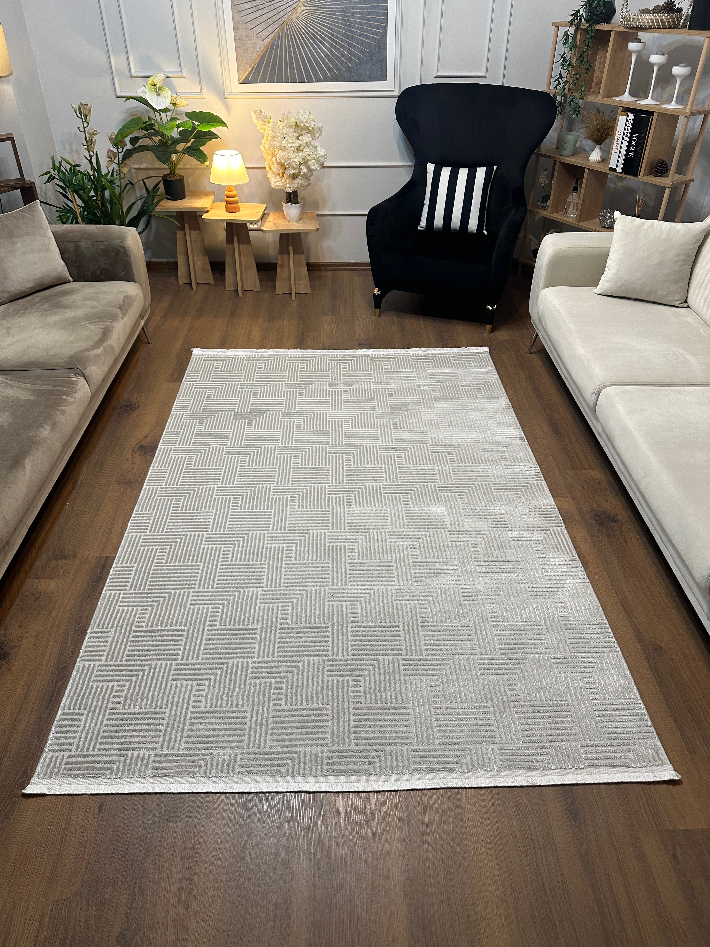 SÜMER A-2002 GRİ Kaymaz Taban Sentetik Bambu Geometrik Desenli Parlak Saten Salon Koridor Mutfak Halısı