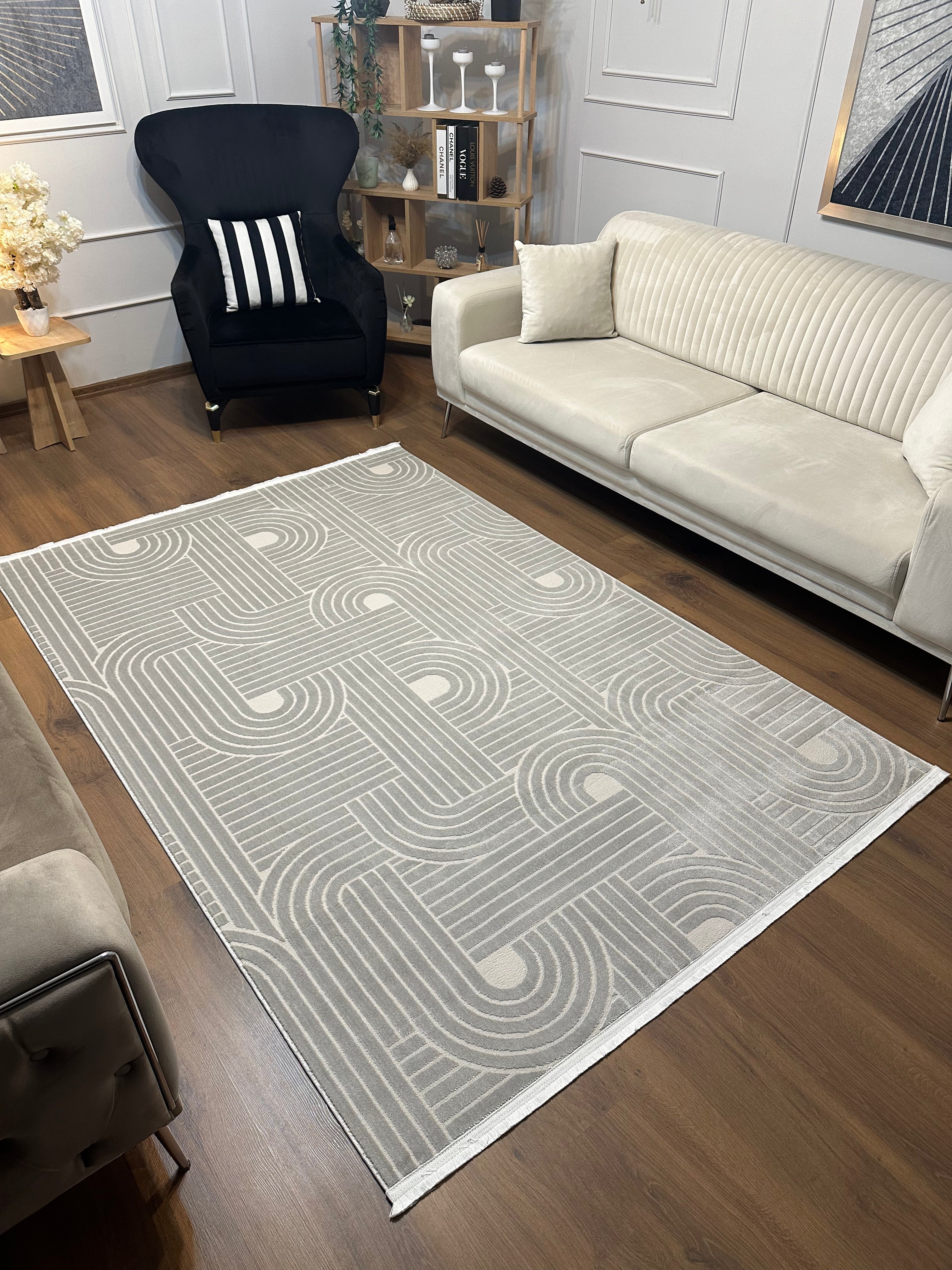 SÜMER A-2012 GRİ Kaymaz Taban Sentetik Bambu Geometrik Desenli Parlak Saten Salon Koridor Mutfak Halısı