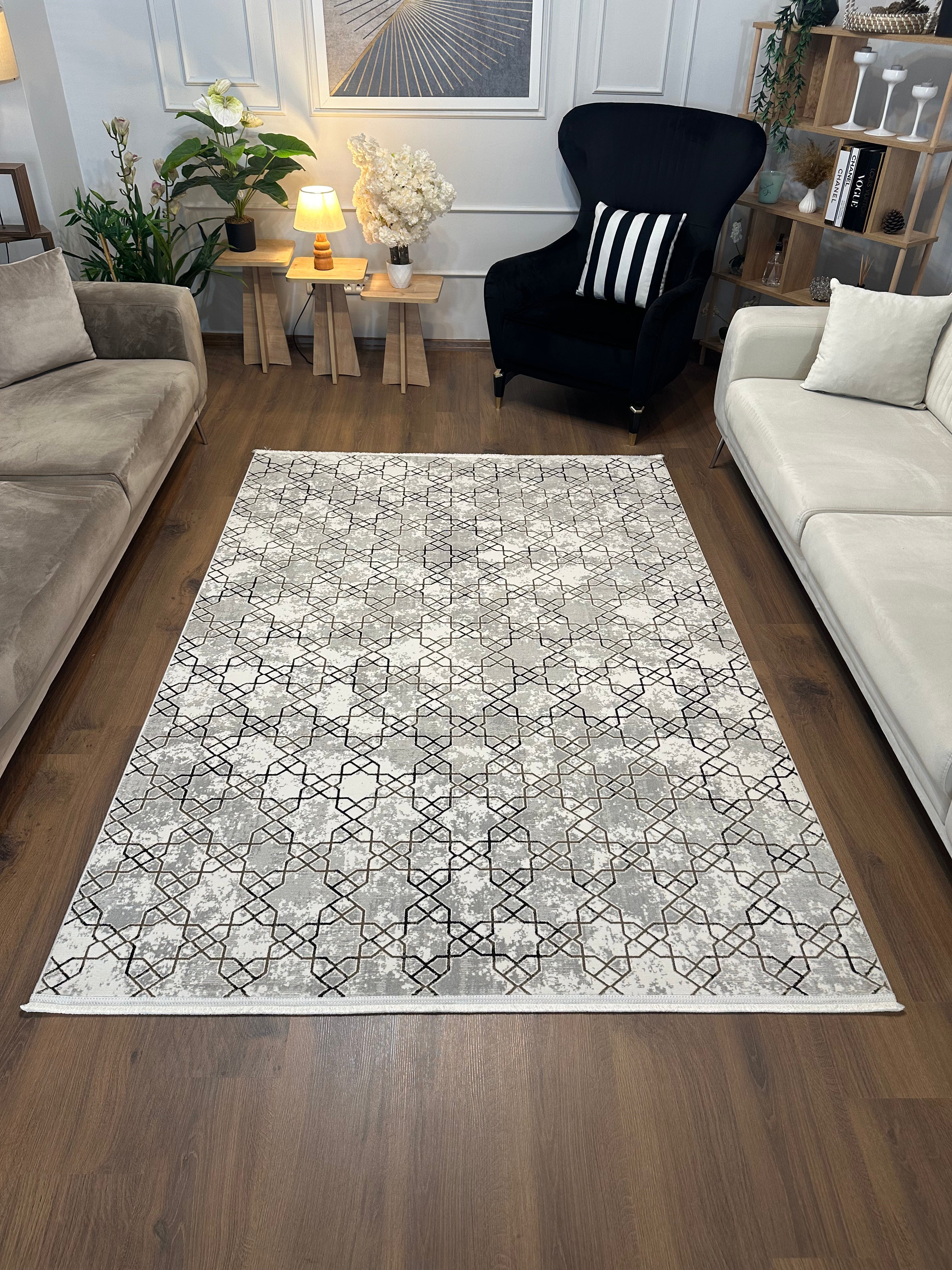 LOTUS C18-KAHVE/KREM Kaymaz Taban Sentetik Bambu Parlak Saten Salon Halısı