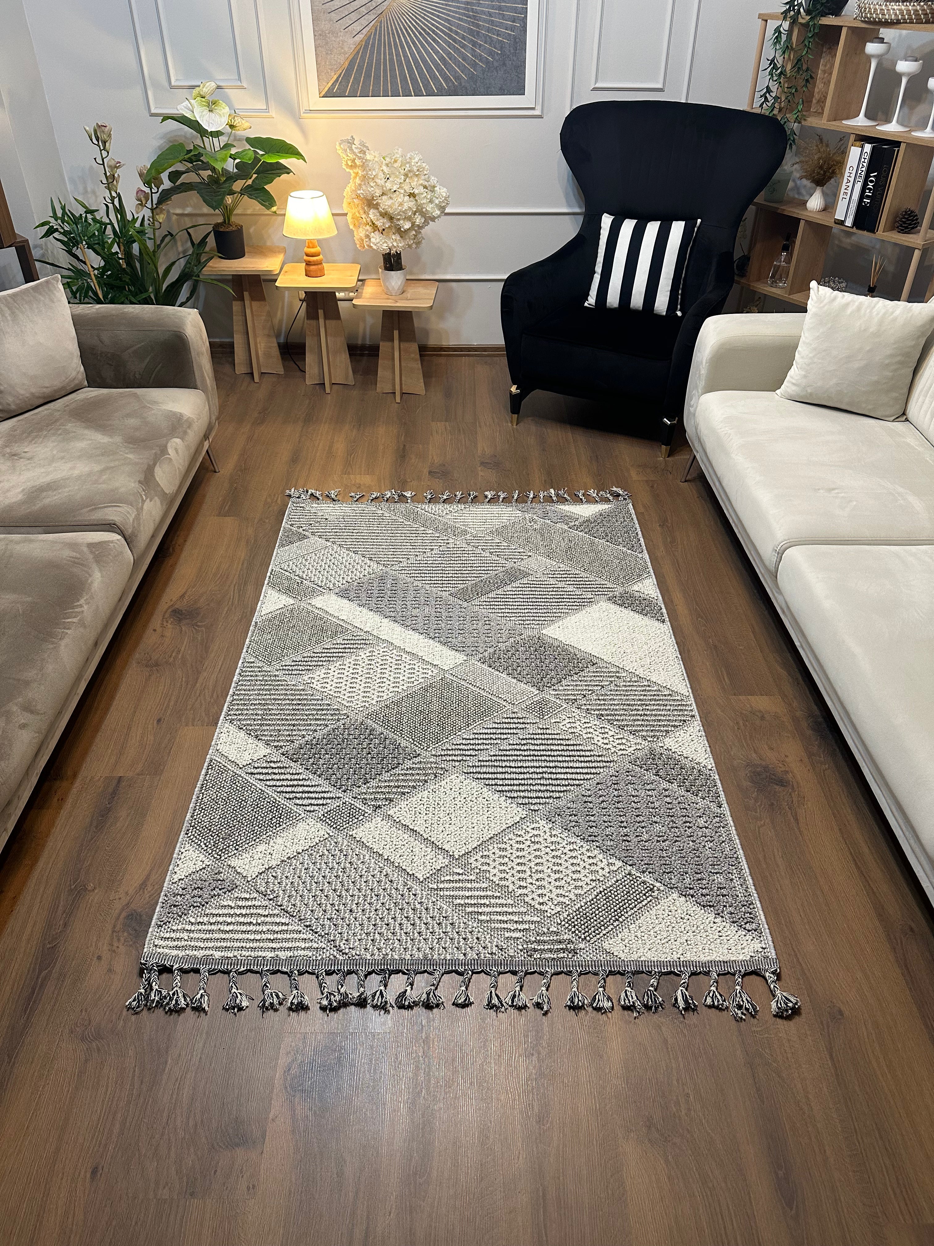 OSLO T-01 GRİ Yumuşak Bukle (Loop) Geometrik Desenli Salon HalısI