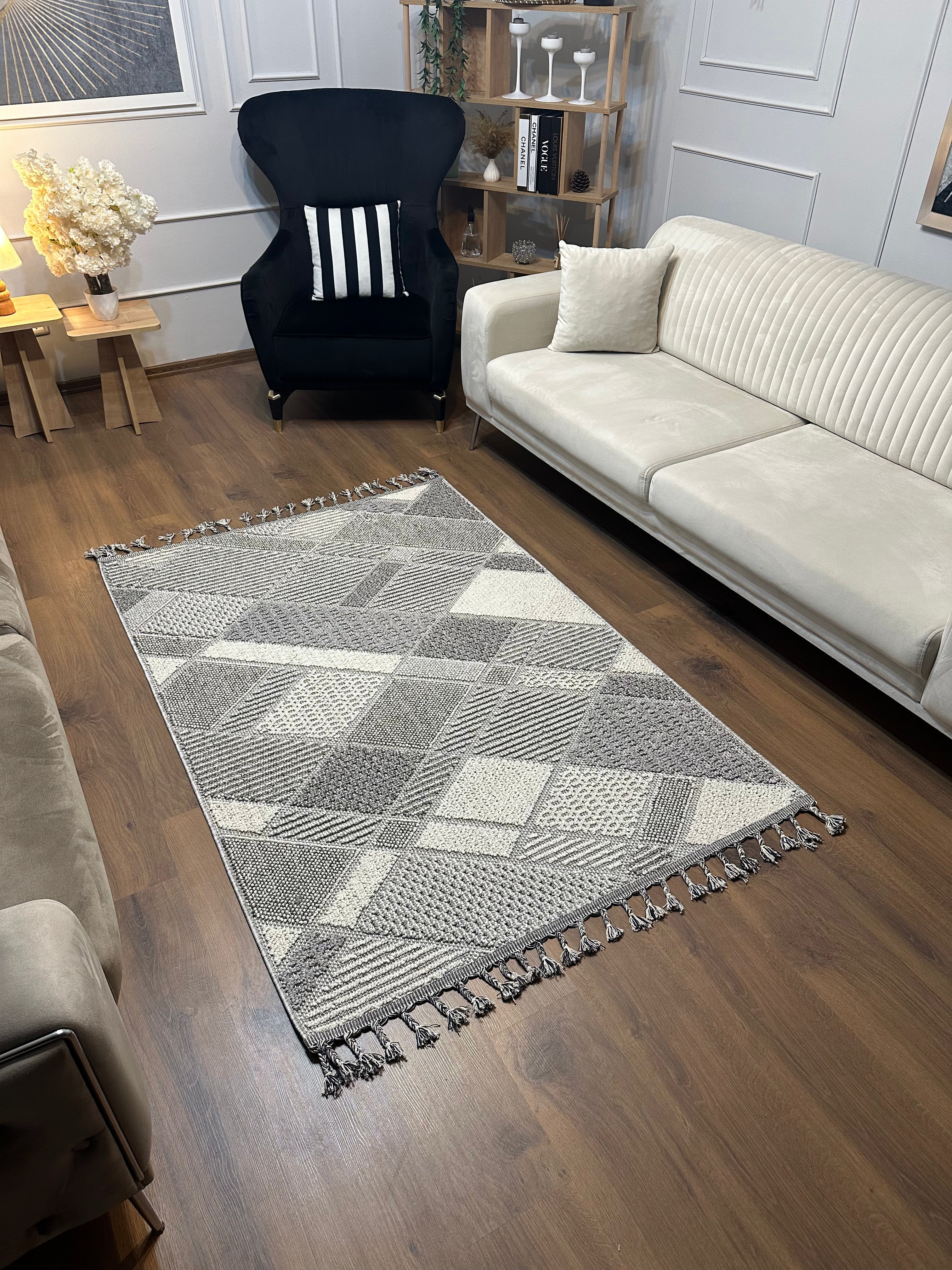 OSLO T-01 GRİ Yumuşak Bukle (Loop) Geometrik Desenli Salon HalısI