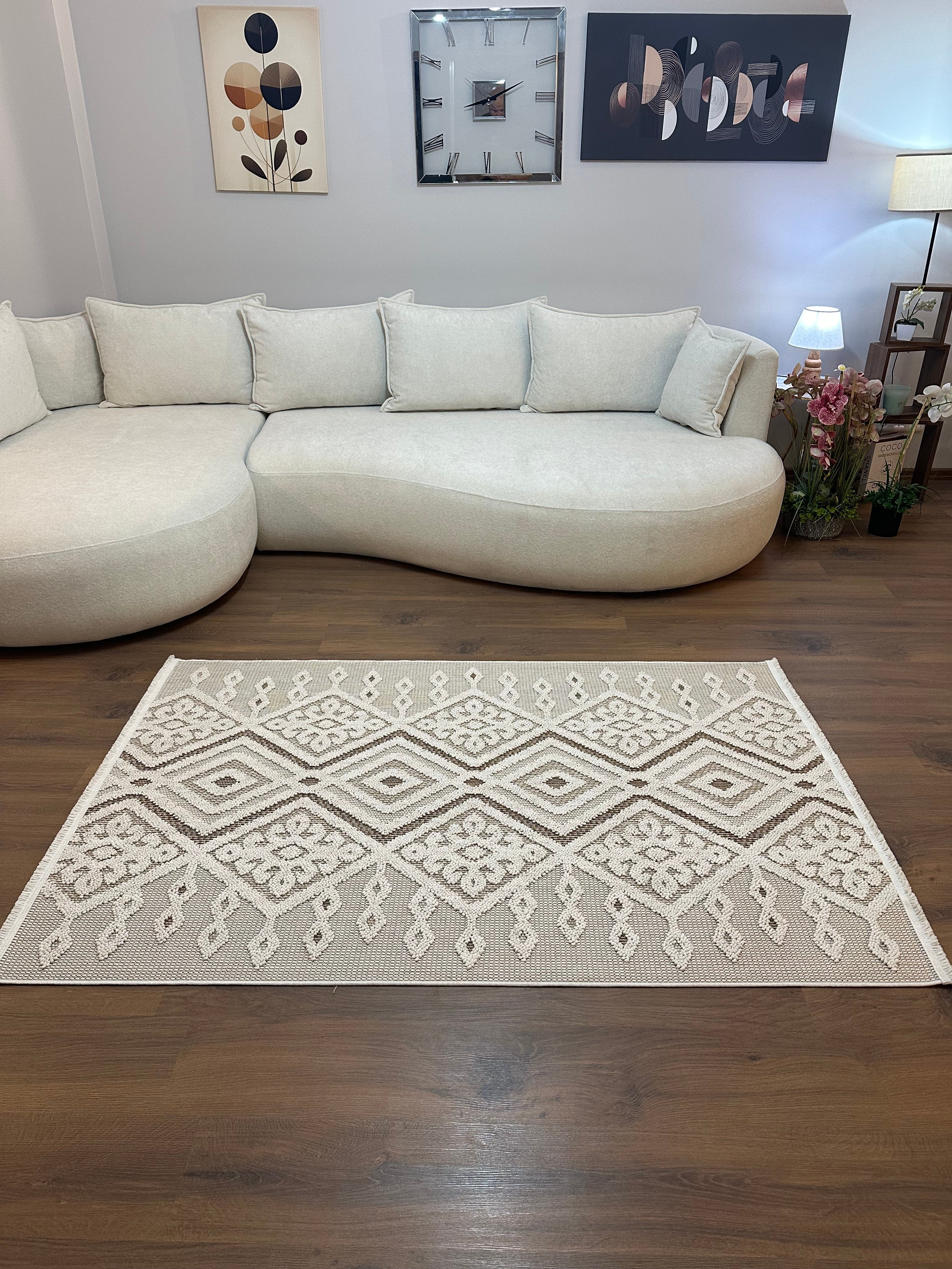 PALERMO G7-KREM/BEJKabartmalı Modern İskandinav Desenli Salon Halısı