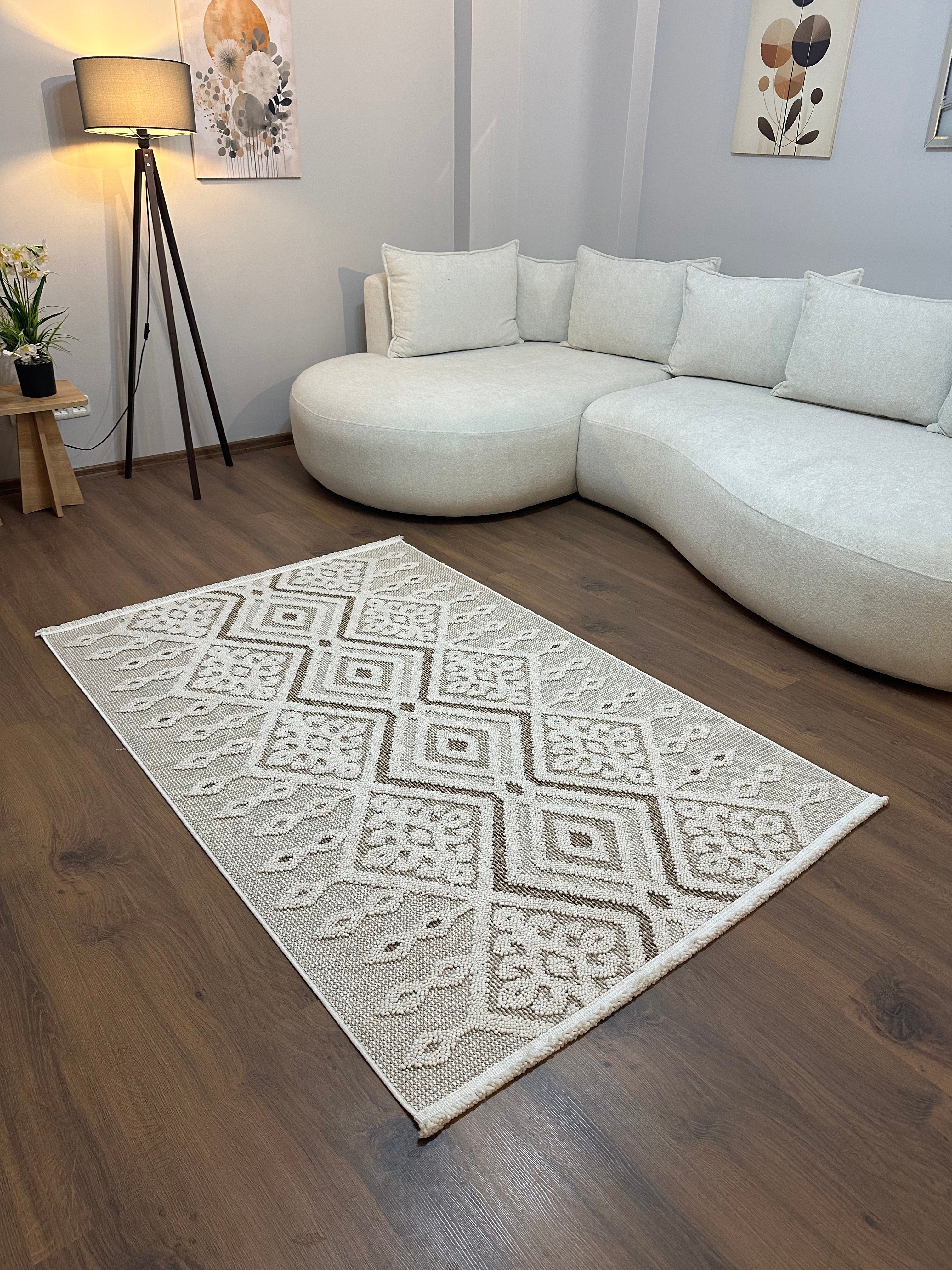 PALERMO G7-KREM/BEJKabartmalı Modern İskandinav Desenli Salon Halısı