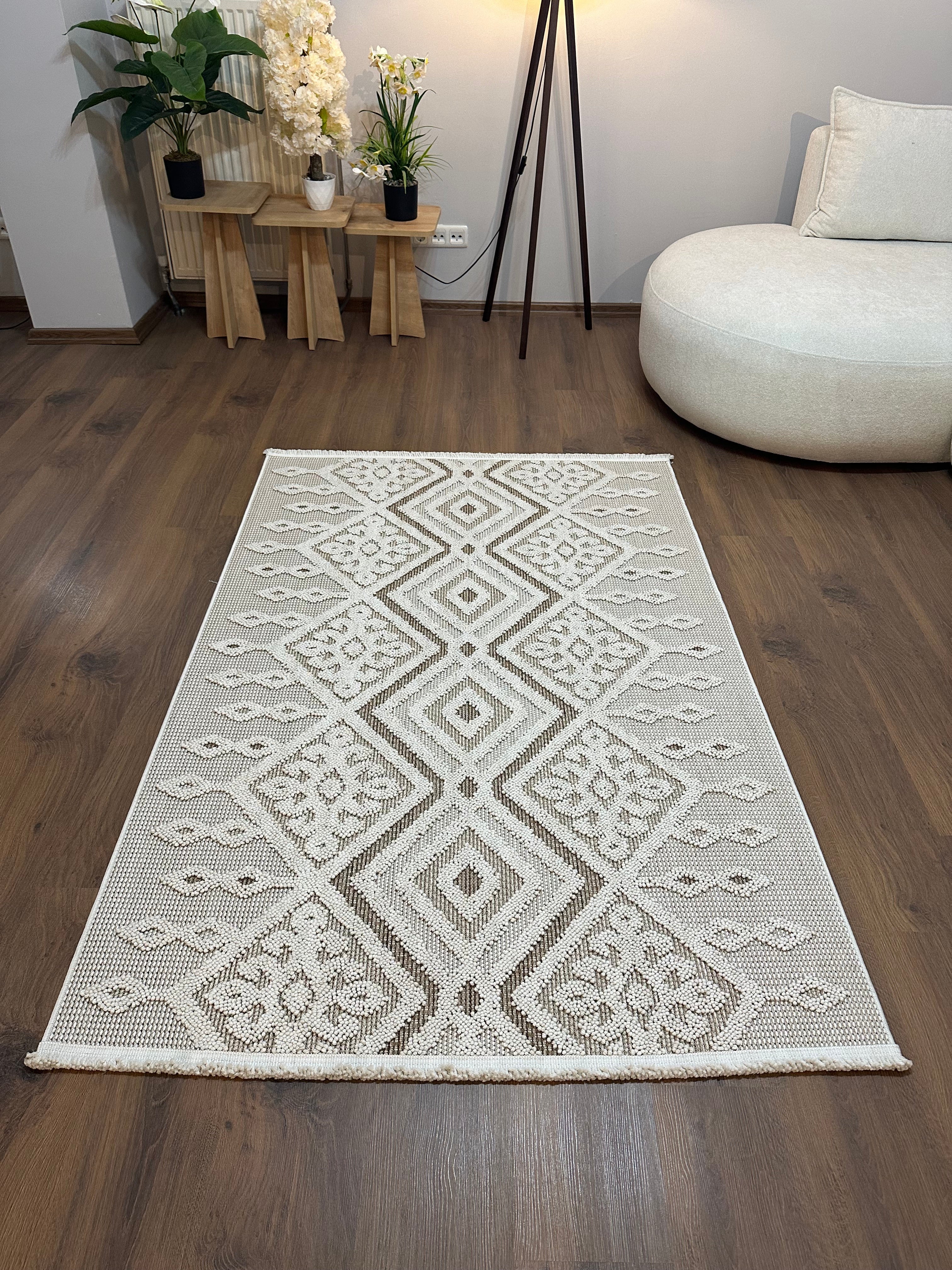 PALERMO G7-KREM/BEJKabartmalı Modern İskandinav Desenli Salon Halısı