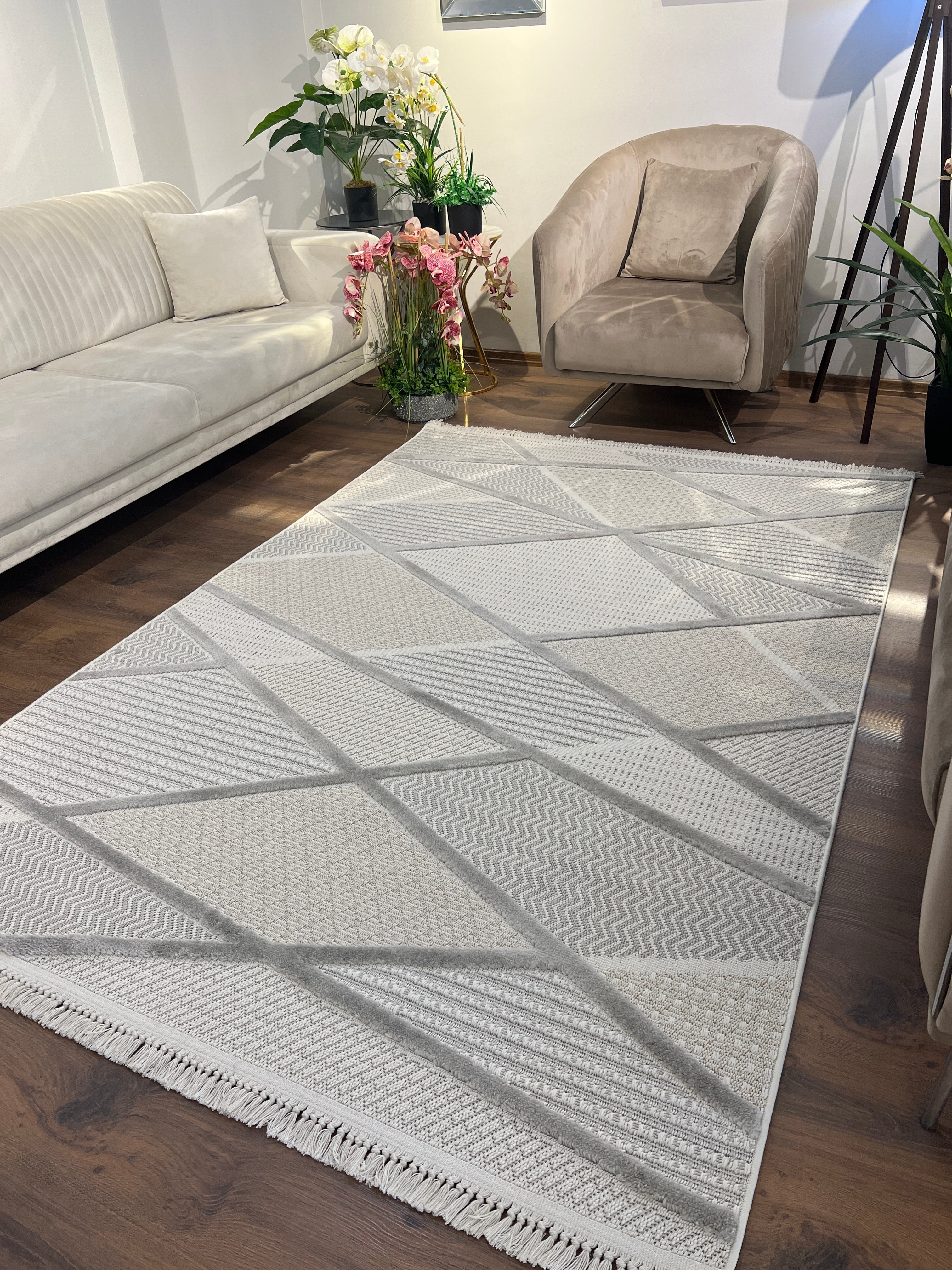 PALERMO G13-KREM/VİZON Kabartmalı Modern Geometrik Desenli Salon Halısı