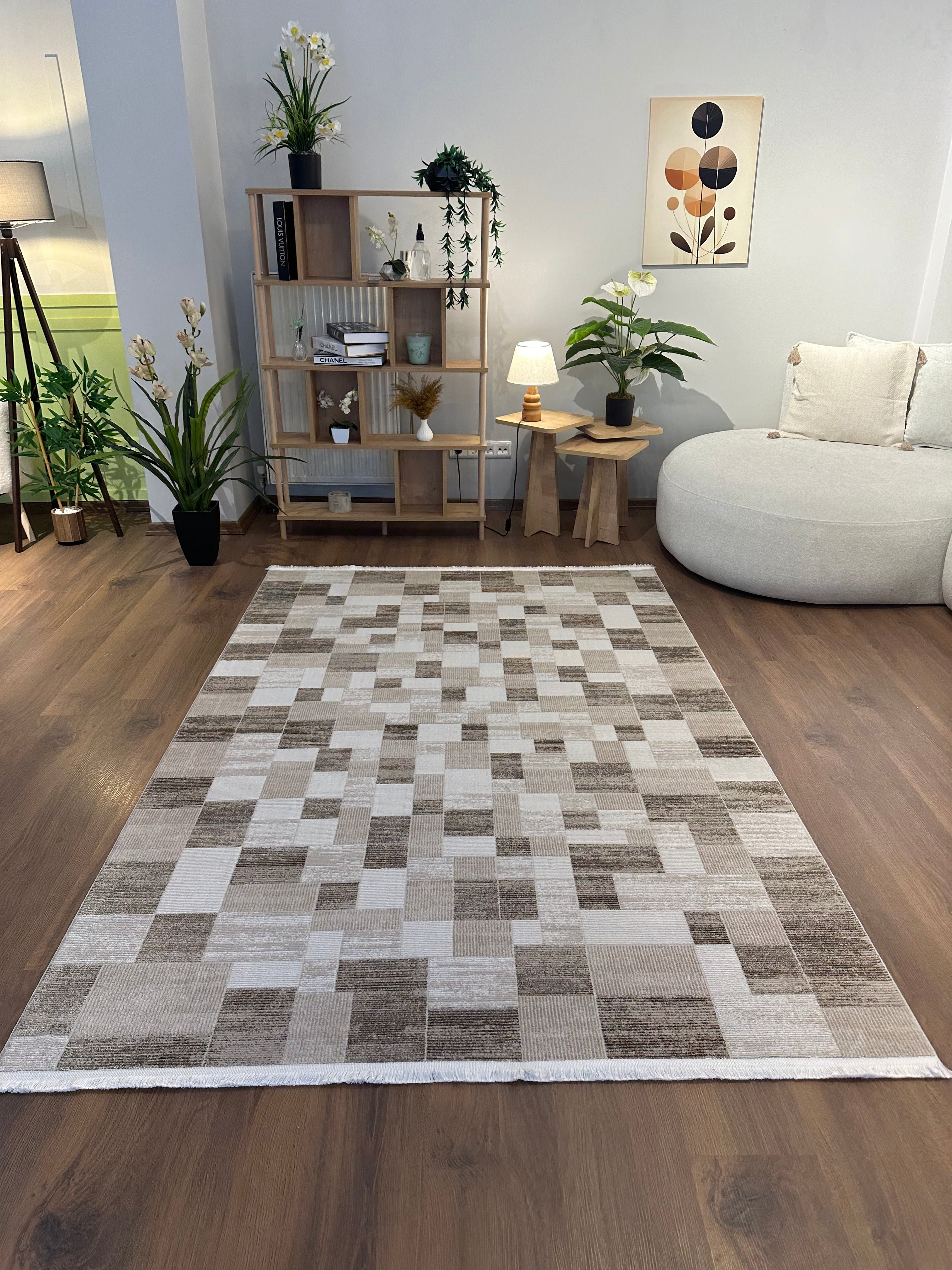 İCON T-MD05–BEJ Modern Yumuşak Salon Koridor Mutfak Makine Dokuma Halısı