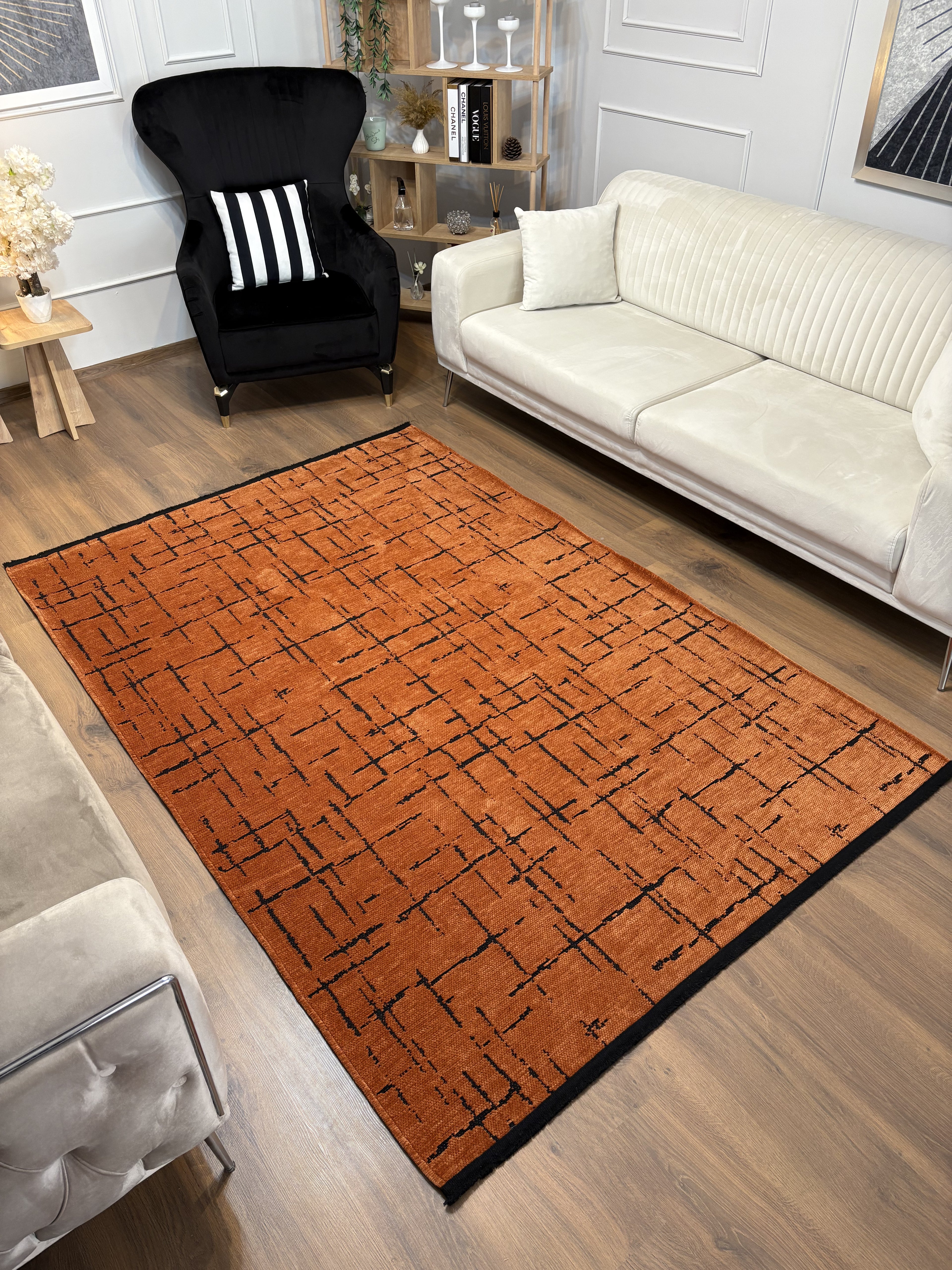 ŞÖNİL HÜNKAR Kaymaz Taban İskandinav Desenli Salon Koridor Mutfak Şönil Kilim Dokuma Halı-KİREMİT