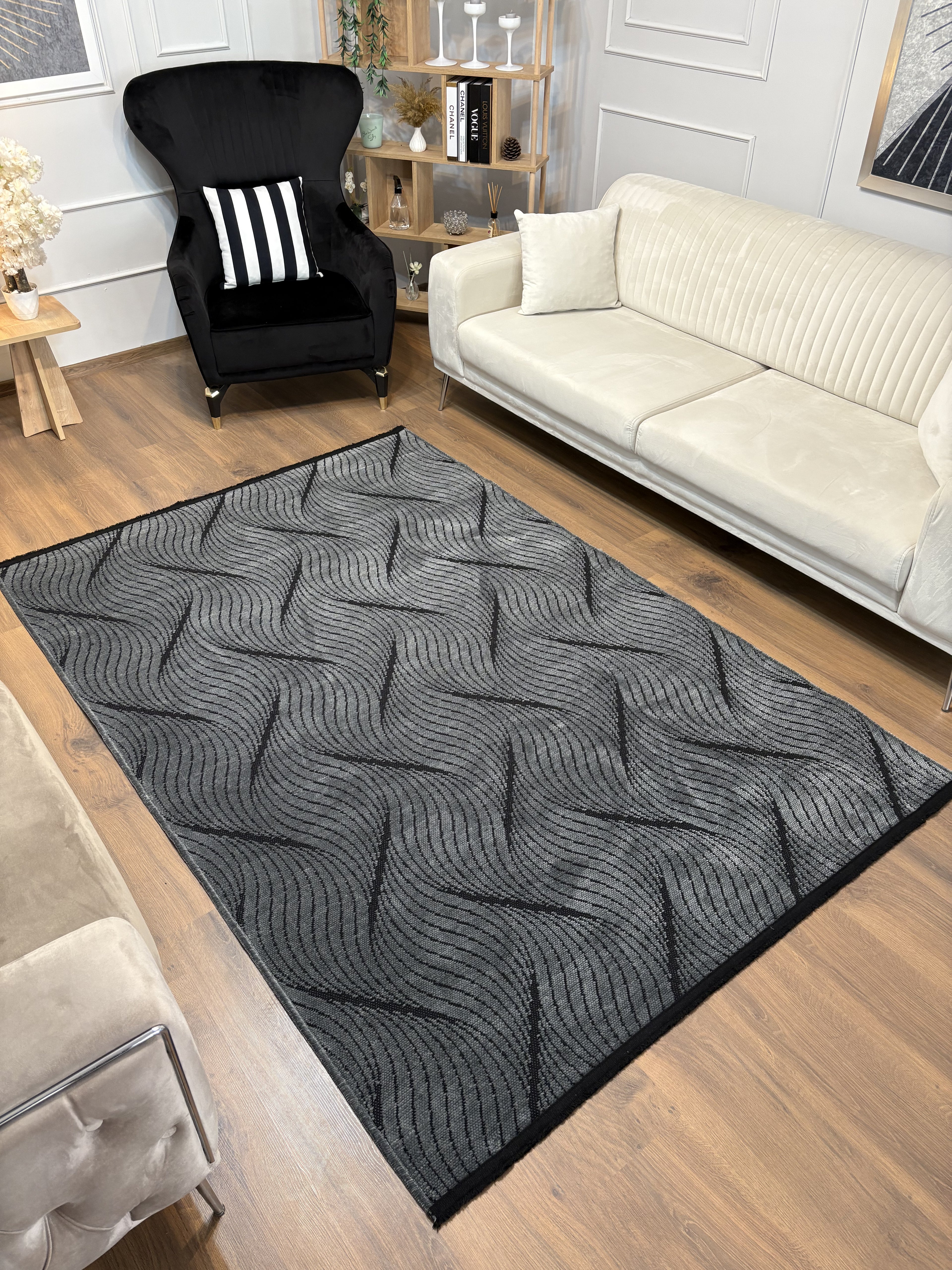 ŞÖNİL FERİ Kaymaz Taban İskandinav Desenli Salon Koridor Mutfak Şönil Kilim Dokuma Halı-ANTRASİT