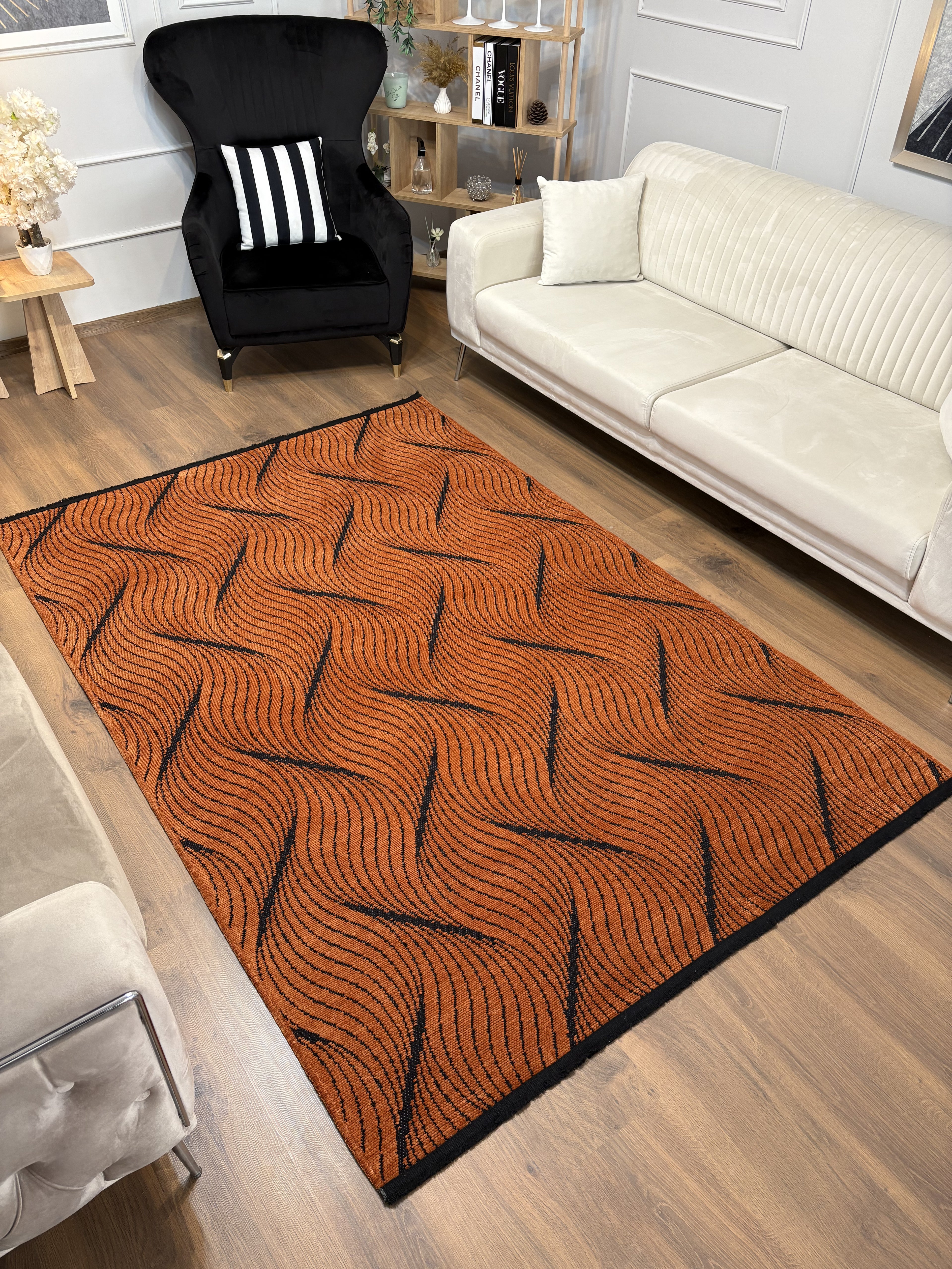 ŞÖNİL FERİ Kaymaz Taban İskandinav Desenli Salon Koridor Mutfak Şönil Kilim Dokuma Halı-KİREMİT