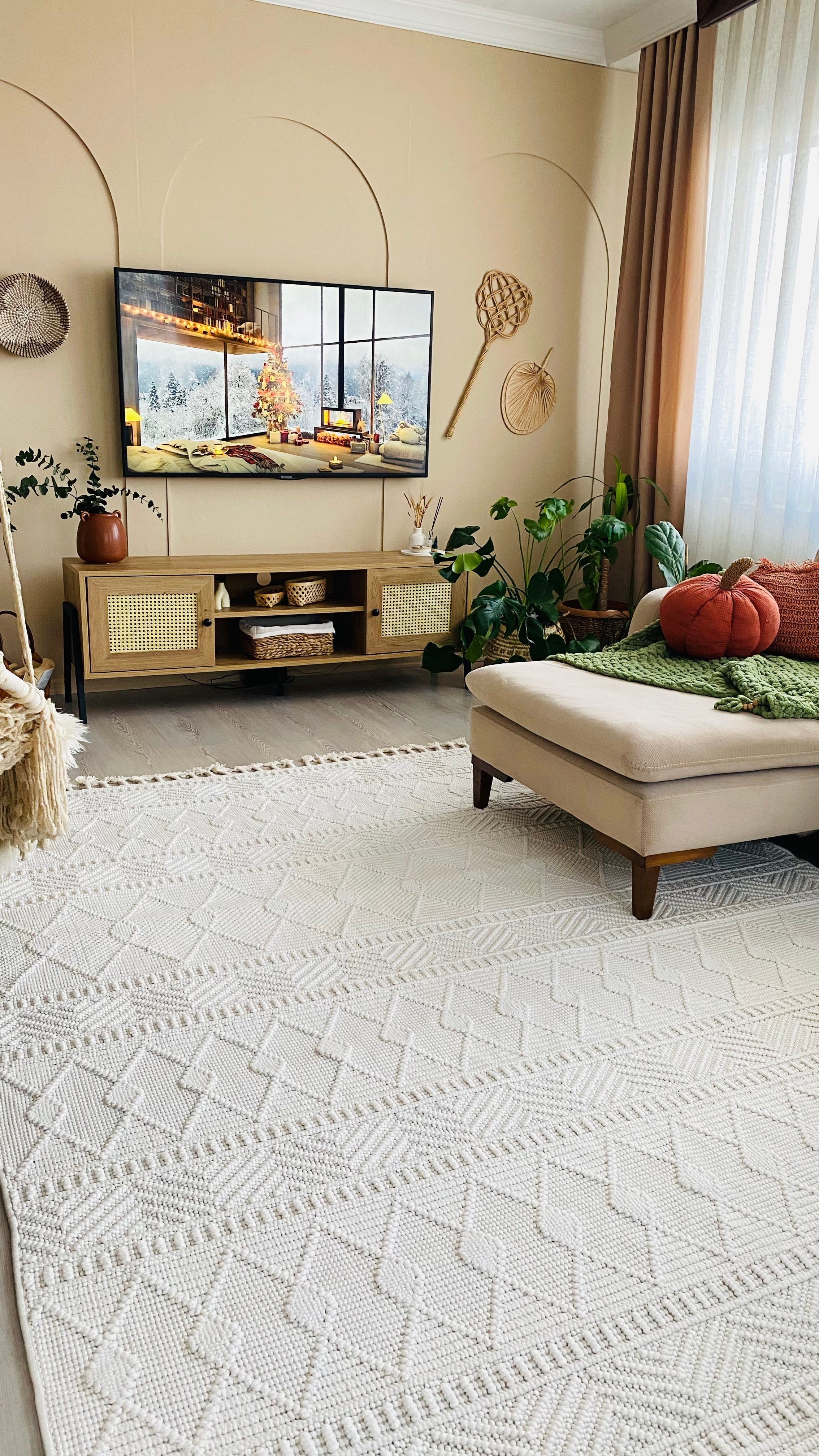 OSLO 5019-T KREM Yumuşak Bukle (Loop) Geometrik Desenli Salon HalısI