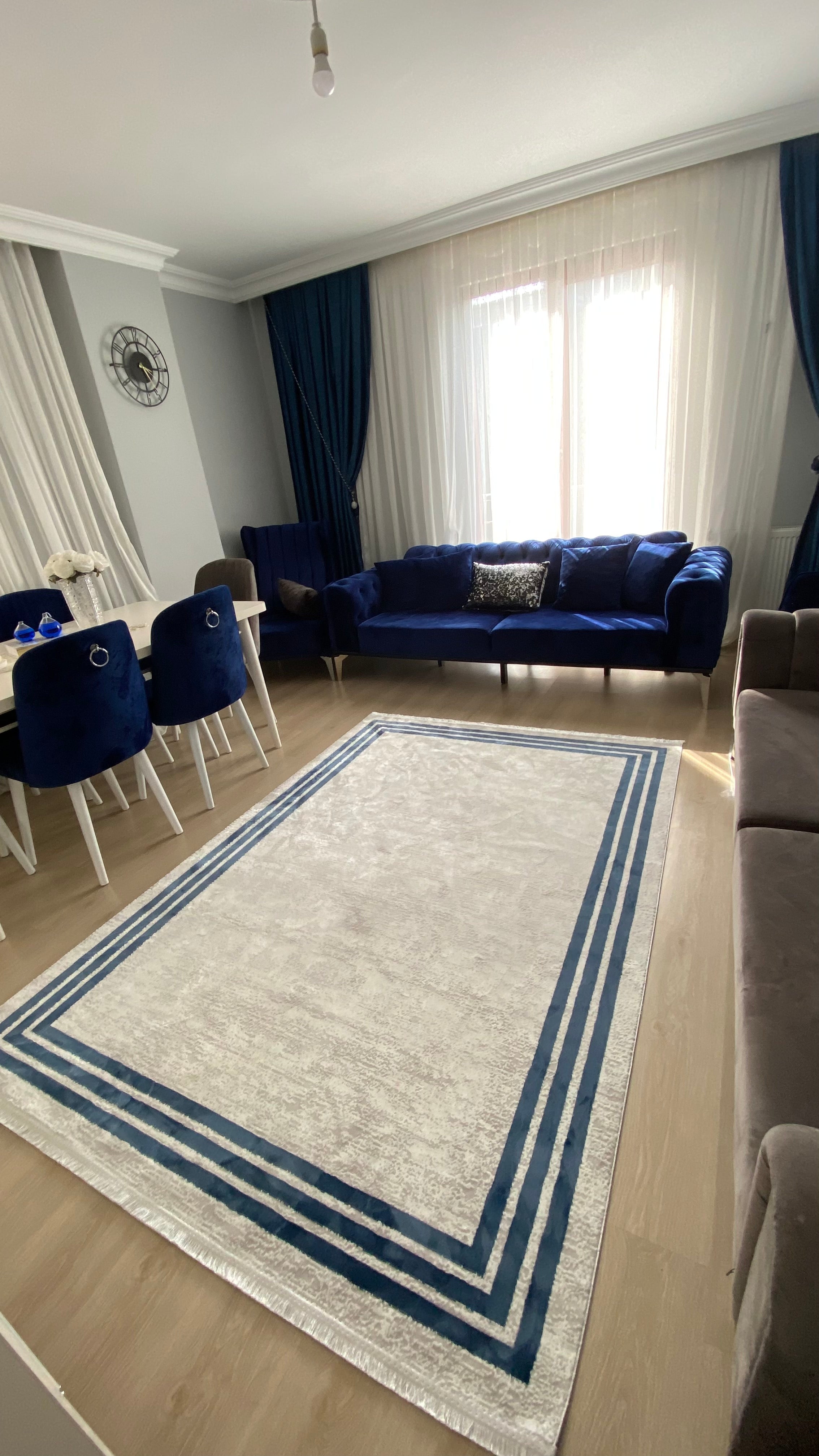 SÜMER S400 MAVİ/KREM Kaymaz Taban Sentetik Bambu Parlak Saten Salon Koridor Mutfak Halısı
