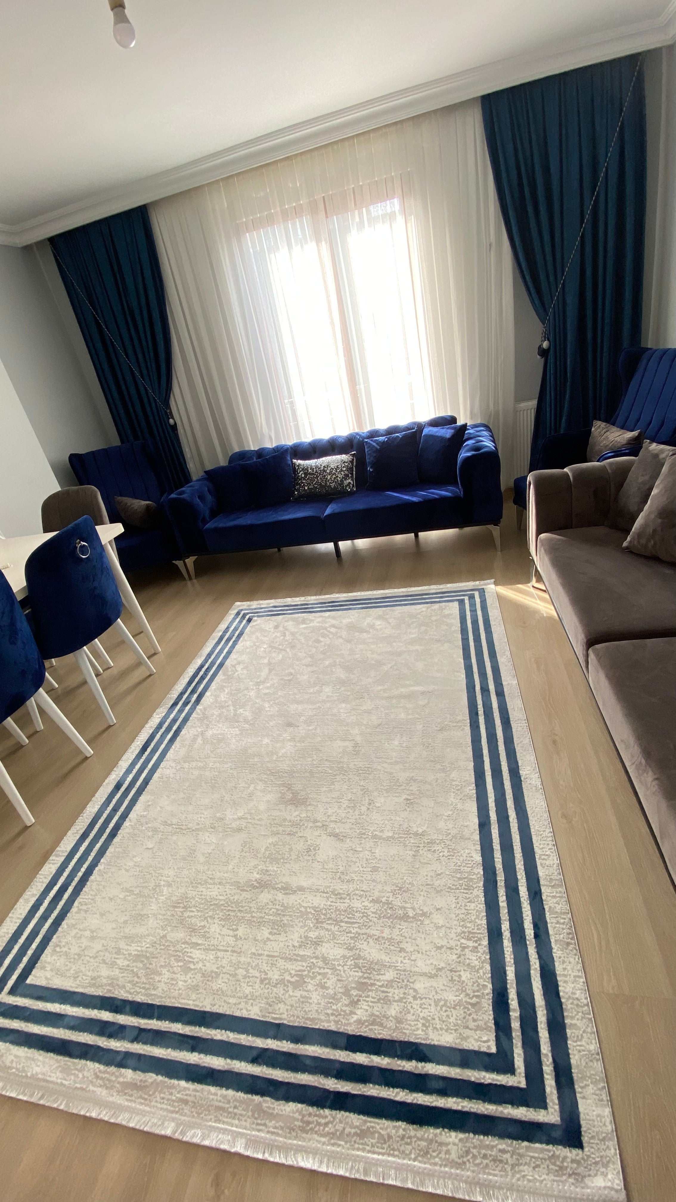 SÜMER S400 MAVİ/KREM Kaymaz Taban Sentetik Bambu Parlak Saten Salon Koridor Mutfak Halısı