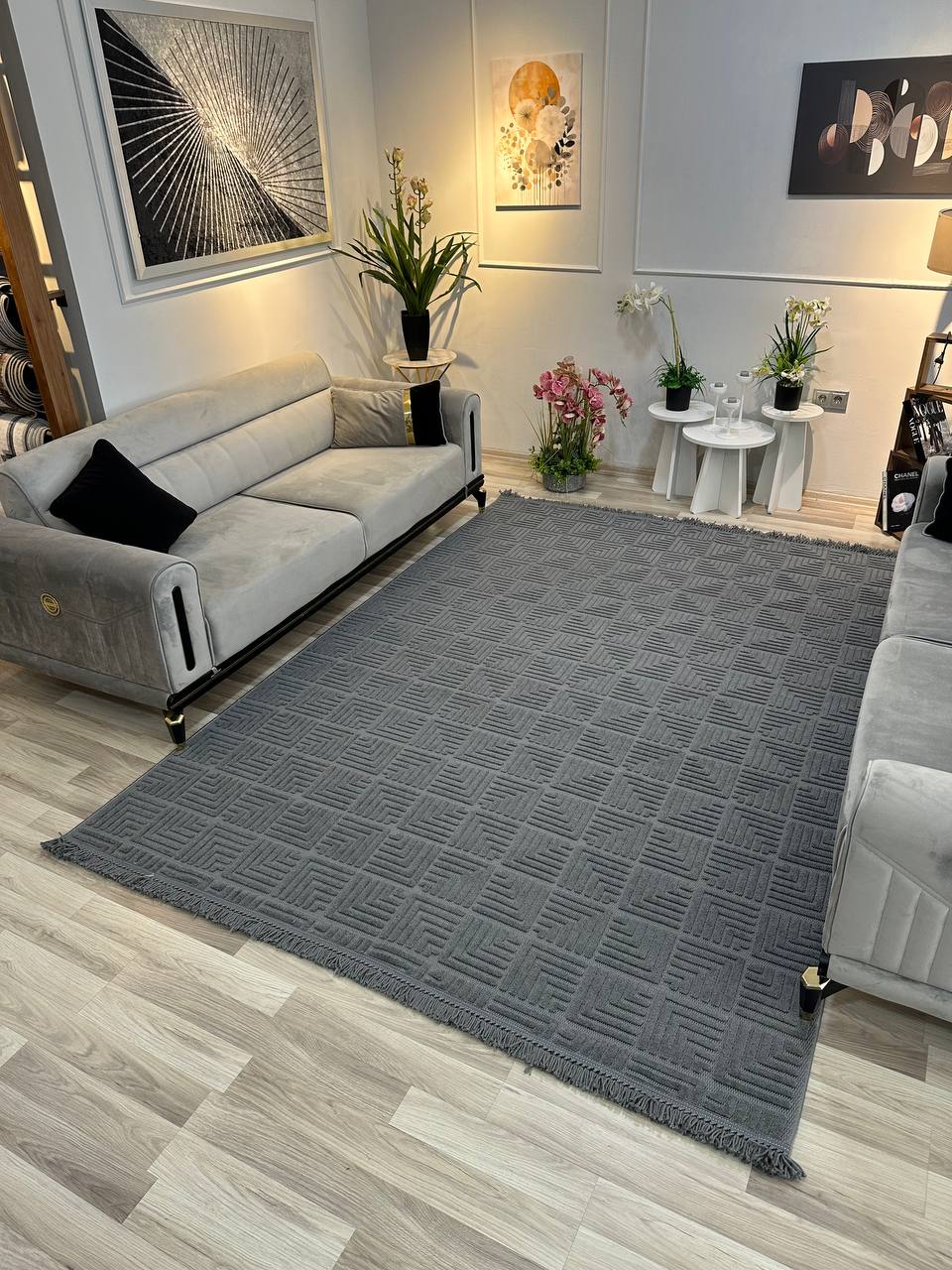 MİLAS KP-130 ANTRASİT Kabartmalı Modern Geometrik Desenli Salon Koridor Mutfak Halısı-KP