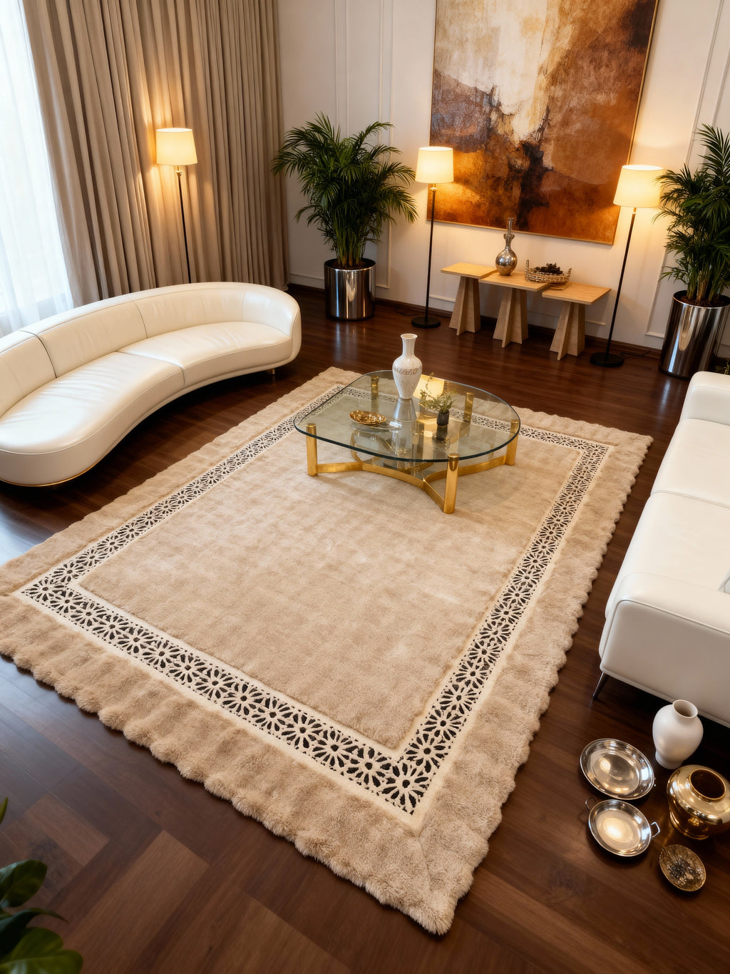 Royal Serisi Akik - El İşçiliği ile Tavşan Post ve Varaklı Deri Dekoratif Halı