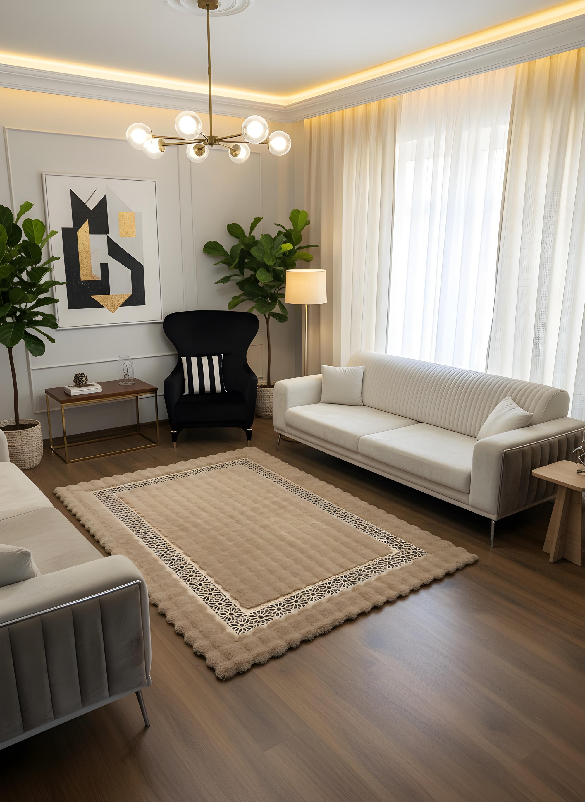 Royal Serisi Akik - El İşçiliği ile Tavşan Post ve Varaklı Deri Dekoratif Halı