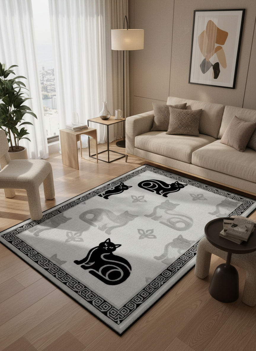 Arte KD0016 Kedi Desenli Pati Dostu Hayvanseverler İçin Dekoratif Halı