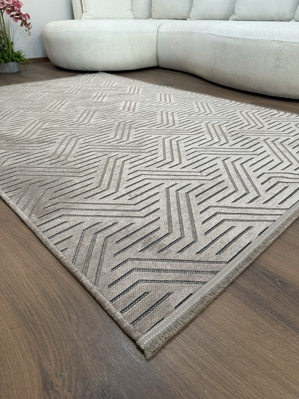ŞÖNİL PERLA - VİZON Makinede Yıkanabilir Geometrik Modern Desenli Salon Koridor Mutfak Şönil Dokuma Halı