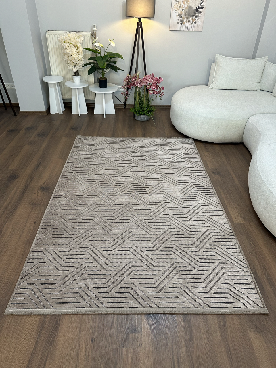 ŞÖNİL PERLA - VİZON Makinede Yıkanabilir Geometrik Modern Desenli Salon Koridor Mutfak Şönil Dokuma Halı