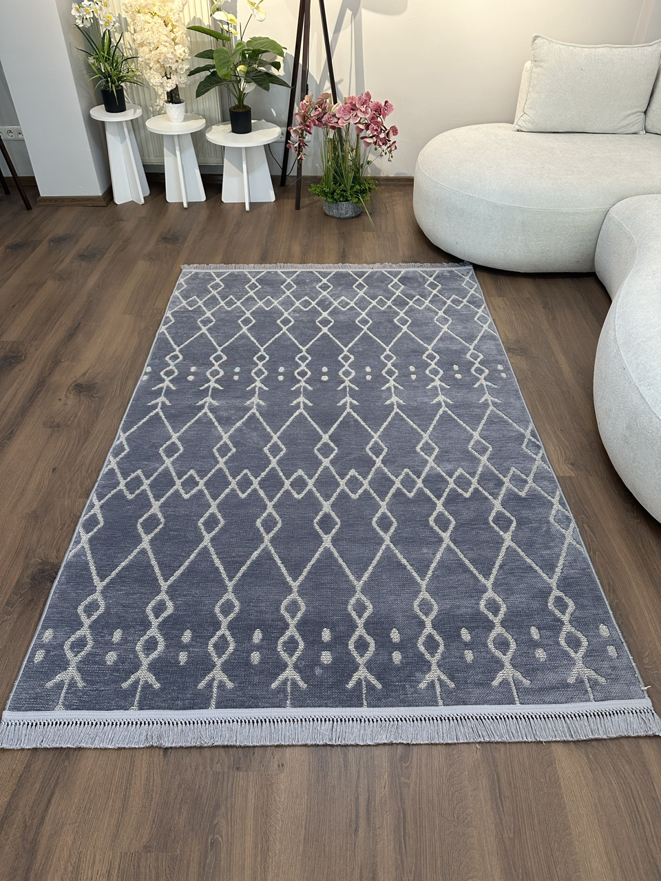 ŞÖNİL MODERN Kaymaz Taban İskandinav Desenli Salon Koridor Mutfak Şönil Kilim Dokuma Halı-GRİ