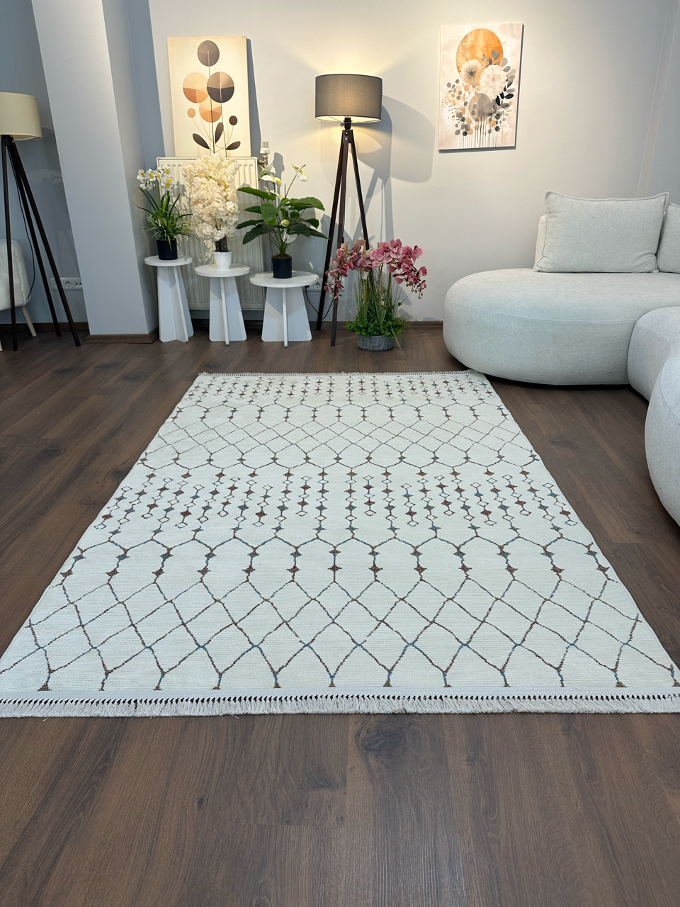 ŞÖNİL MODERN Kaymaz Taban İskandinav Desenli Salon Koridor Mutfak Şönil Kilim Dokuma Halı-KREM