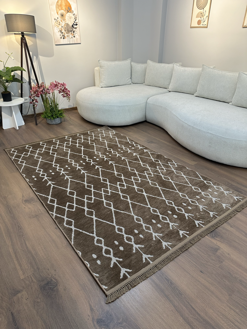 ŞÖNİL MODERN Kaymaz Taban İskandinav Desenli Salon Koridor Mutfak Şönil Kilim Dokuma Halı-KAHVE