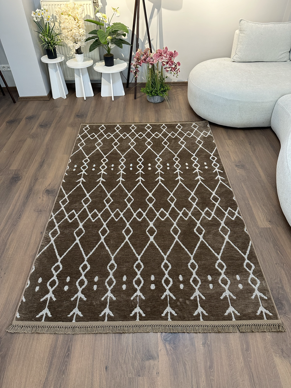 ŞÖNİL MODERN Kaymaz Taban İskandinav Desenli Salon Koridor Mutfak Şönil Kilim Dokuma Halı-KAHVE