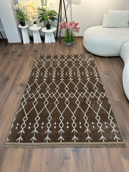 ŞÖNİL MODERN Kaymaz Taban İskandinav Desenli Salon Koridor Mutfak Şönil Kilim Dokuma Halı-KAHVE