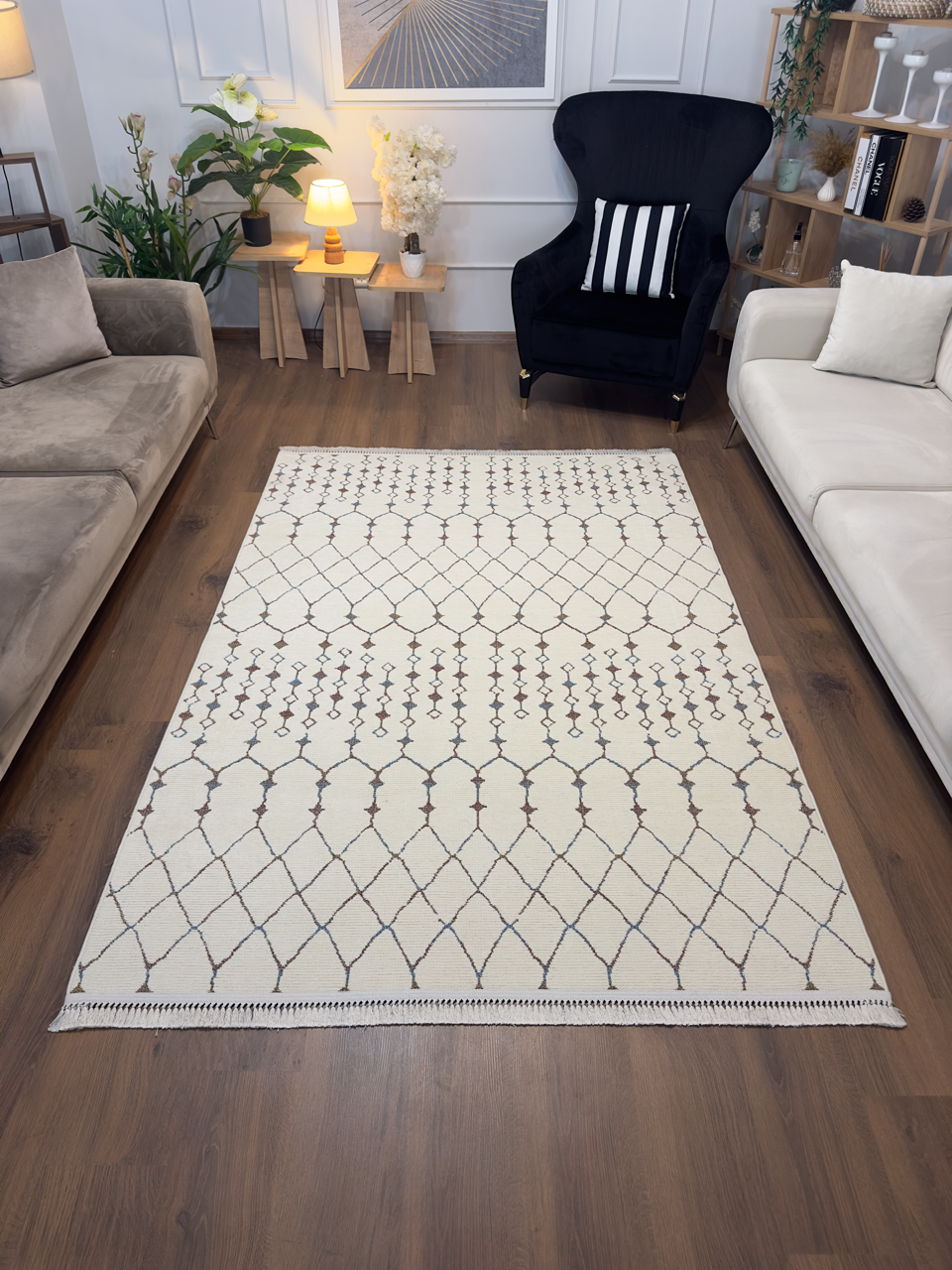 ŞÖNİL MODERN-KREM Makinede Yıkanabilir İskandinav Desenli Salon Koridor Mutfak Şönil Dokuma Halı