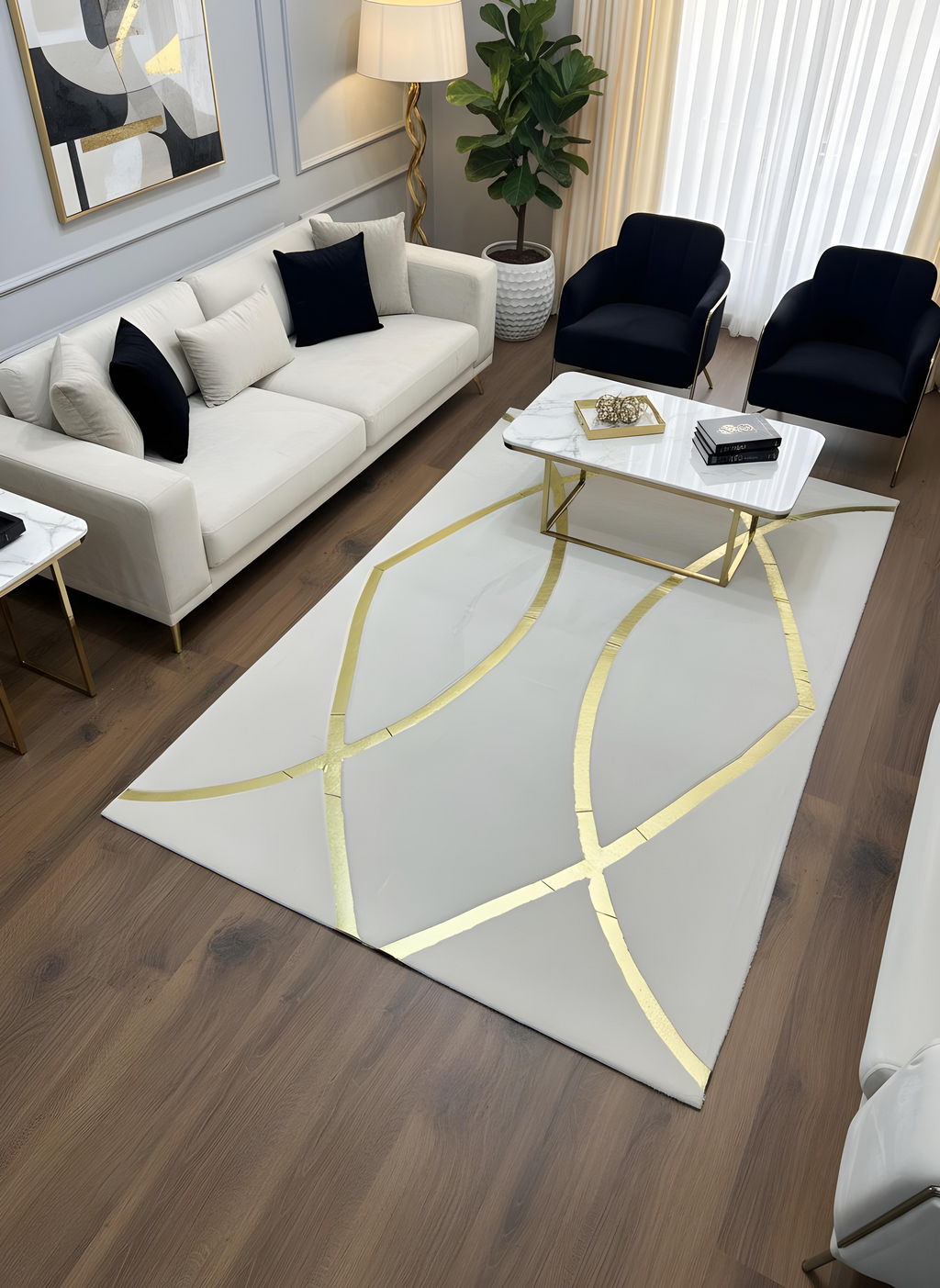 Royal Serisi Diamond - El İşçiliği ile Tavşan Post ve Varaklı Deri Dekoratif Halı