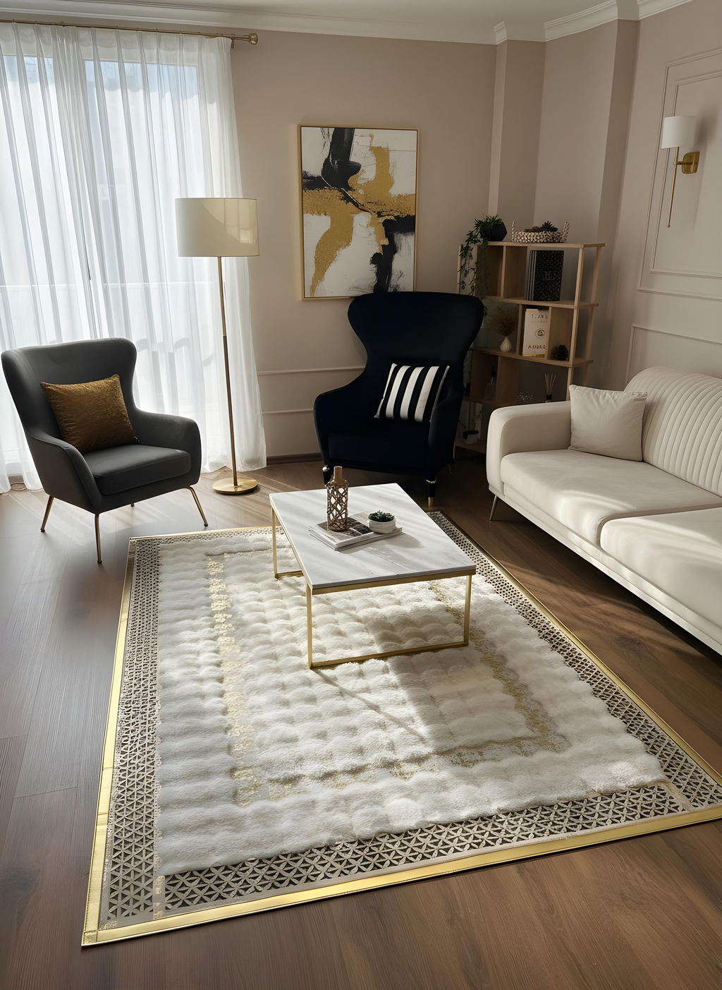 Royal Serisi Elmas - El İşçiliği ile Tavşan Post ve Varaklı Deri Dekoratif Halı