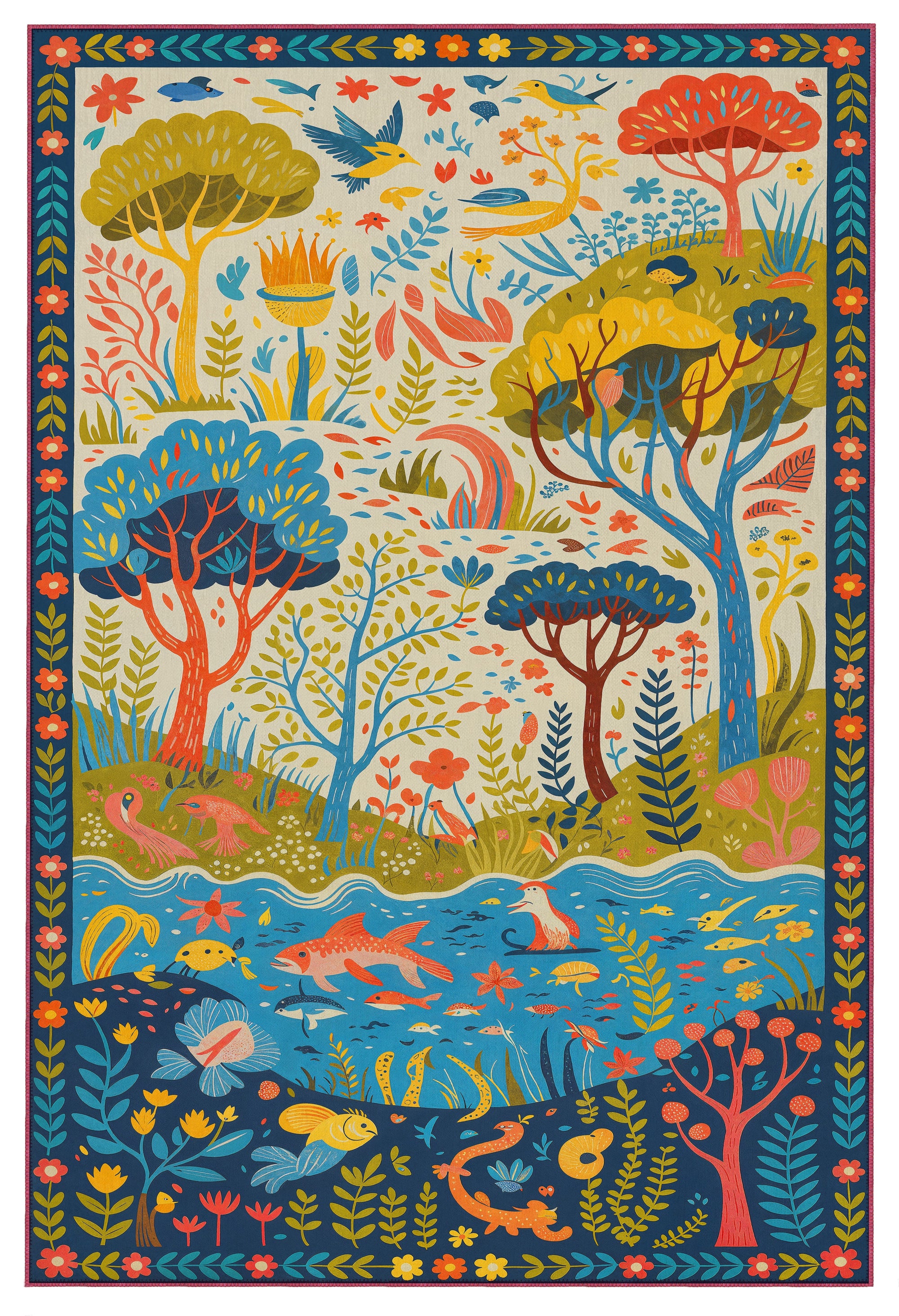 Arte HD009 Ağaç Çiçek Hayvan Temalı Renkli Dekoratif Dokuma Halı