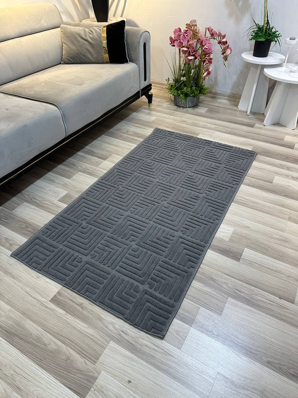 MİLAS KP-130 ANTRASİT Kabartmalı Modern Geometrik Desenli Salon Koridor Mutfak Halısı-KP