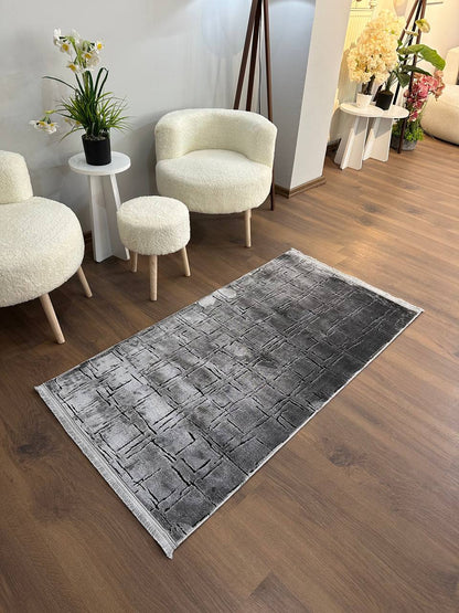 SÜMER KP-167 GRİ  Kaymaz Taban Sentetik Bambu Parlak Saten Salon Koridor Mutfak Halısı-KP