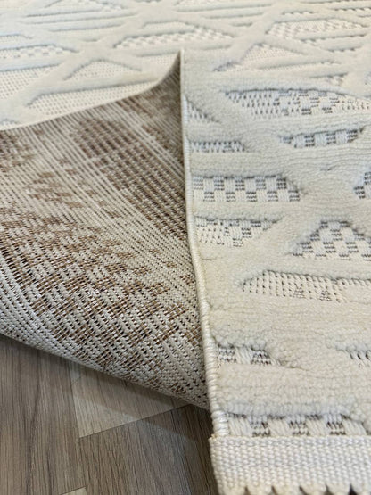 MİLAS C6 KREM Kabartmalı Kaymaz Taban Modern Geometrik Desenli Salon Koridor Mutfak Halısı-KP