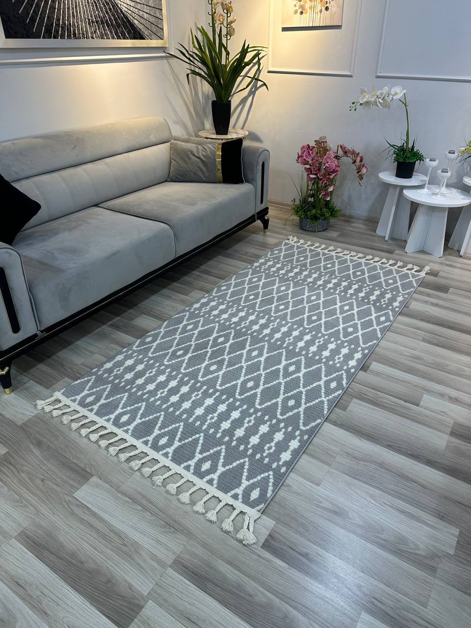 MİLANO G900 GRİ BEYAZ Modern Çerçeve Desenli Yumuşak Salon Koridor Mutfak Makine Dokuma Halısı-KP