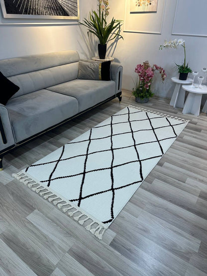 MİLANO G901 BEYAZ Modern Çerçeve Desenli Yumuşak Salon Koridor Mutfak Makine Dokuma Halısı-KP