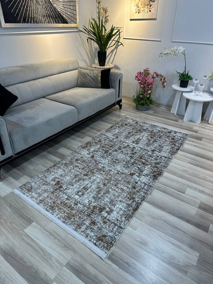 SÜMER KP-183 KAHVE GRİ  Kaymaz Taban Sentetik Bambu Parlak Saten Salon Koridor Mutfak Halısı-KP