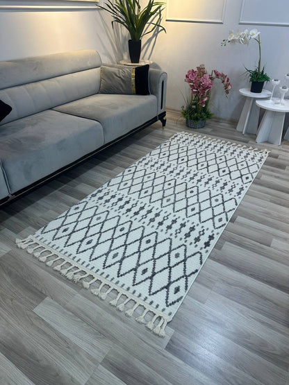 MİLANO G902 GRİ BEYAZİ Modern Çerçeve Desenli Yumuşak Salon Koridor Mutfak Makine Dokuma Halısı-KP