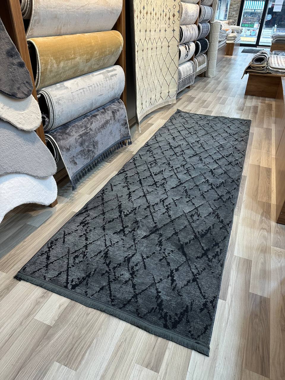 ŞÖNİL HİTİT ANTRASİT Kaymaz Taban İskandinav Desenli Salon Koridor Mutfak Şönil Kilim Dokuma Halı-KP