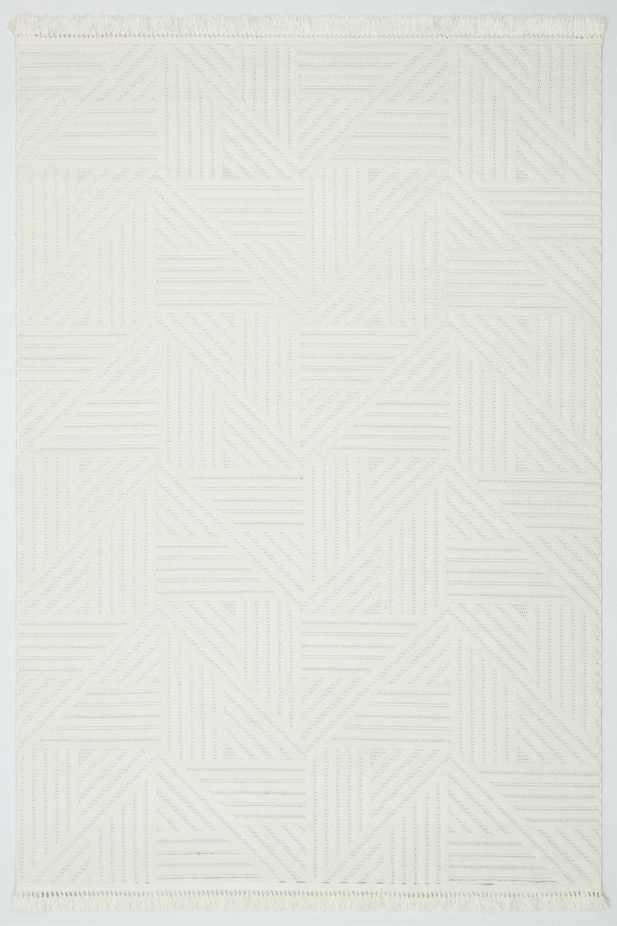 MİLAS C12-KREM Kabartmalı Modern Geometrik Desenli Salon Koridor Mutfak Halısı