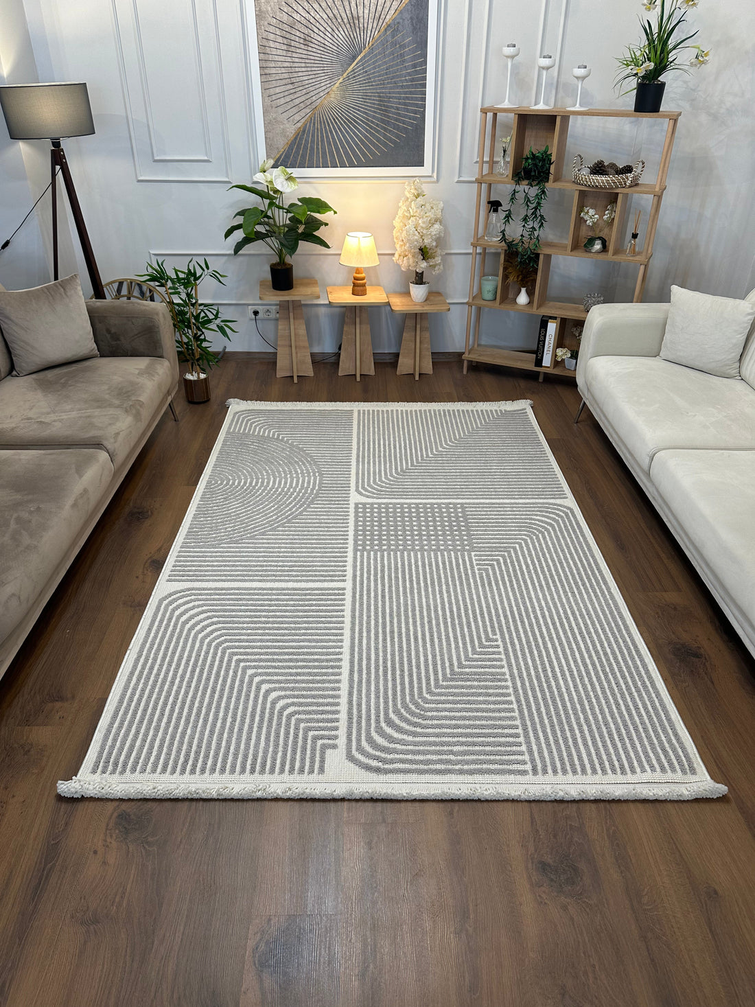 İCON T-LP02 KREM GRİ Kabartmalı Modern Geometrik Desenli Salon Halısı