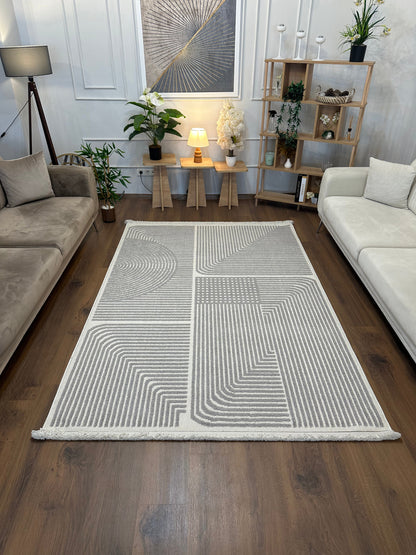 İCON T-LP02 KREM GRİ Kabartmalı Modern Geometrik Desenli Salon Halısı