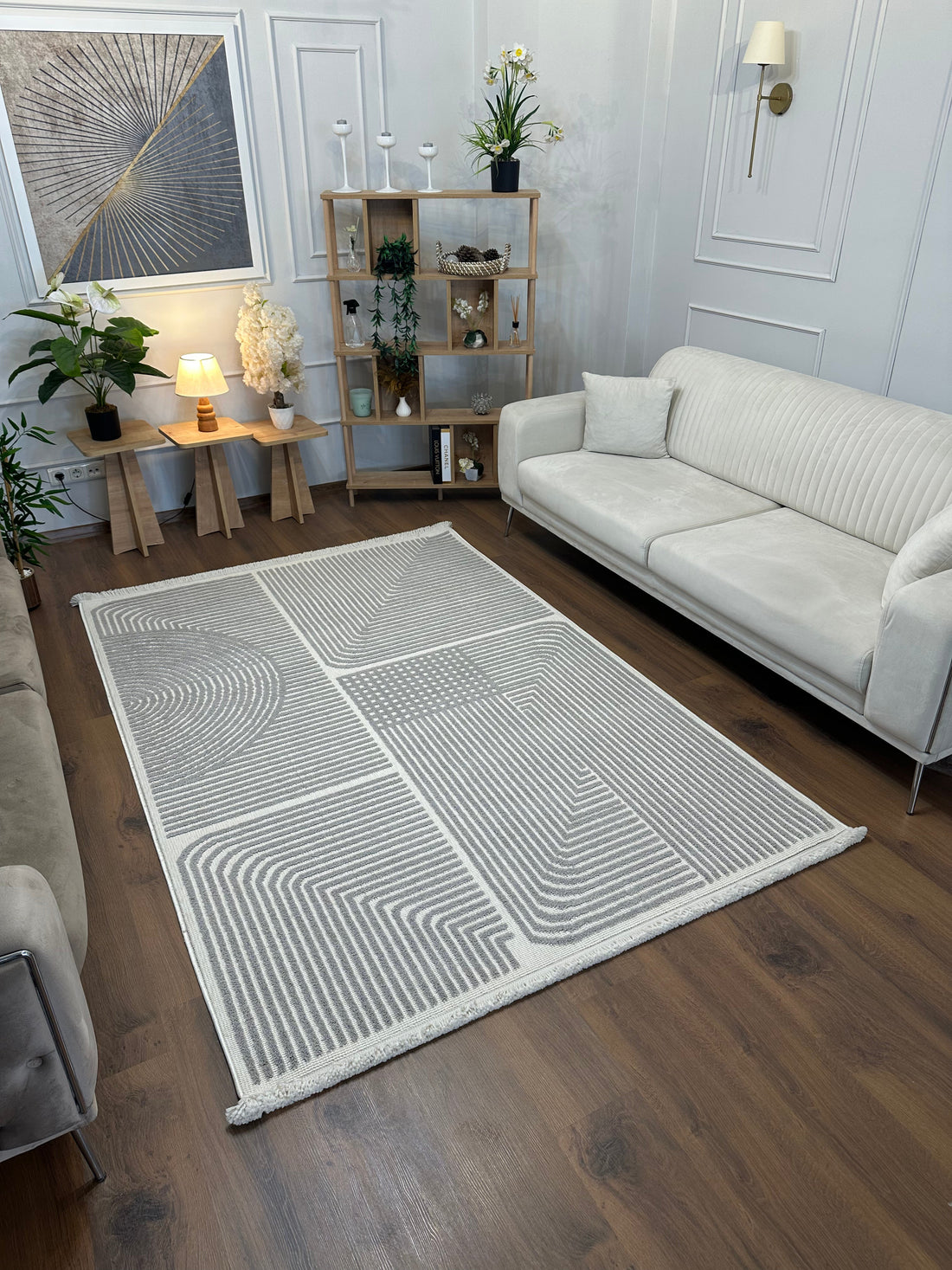 İCON T-LP02 KREM GRİ Kabartmalı Modern Geometrik Desenli Salon Halısı