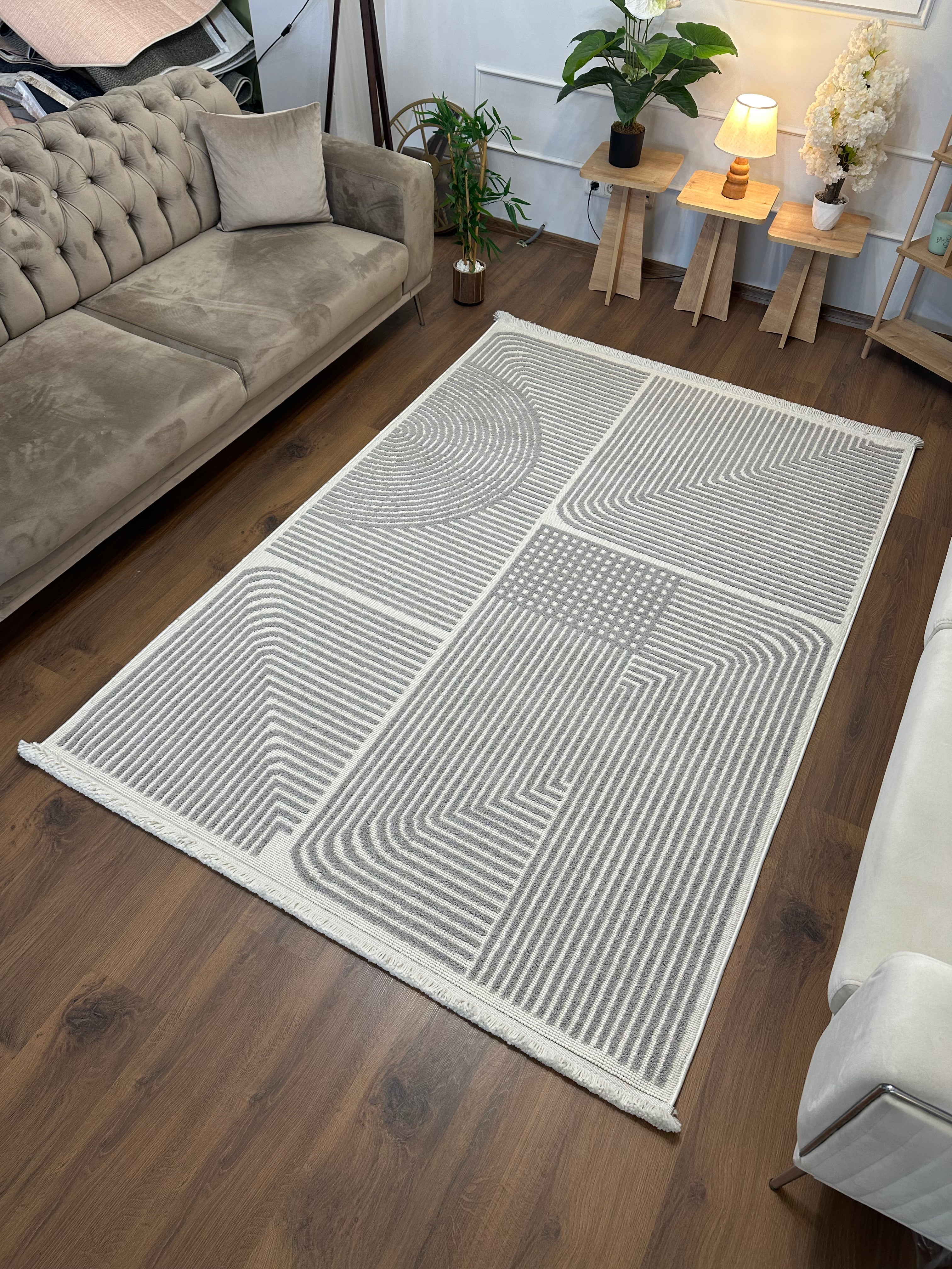 İCON T-LP02 KREM GRİ Kabartmalı Modern Geometrik Desenli Salon Halısı