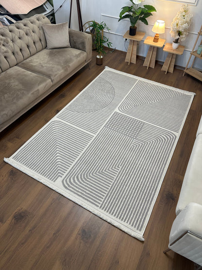 İCON T-LP02 KREM GRİ Kabartmalı Modern Geometrik Desenli Salon Halısı
