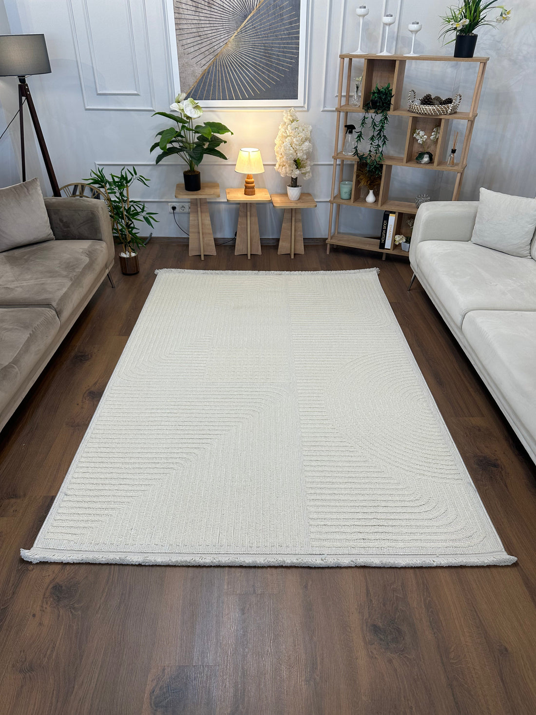 İCON T-LP04 KREM Kabartmalı Modern Geometrik Desenli Salon Halısı