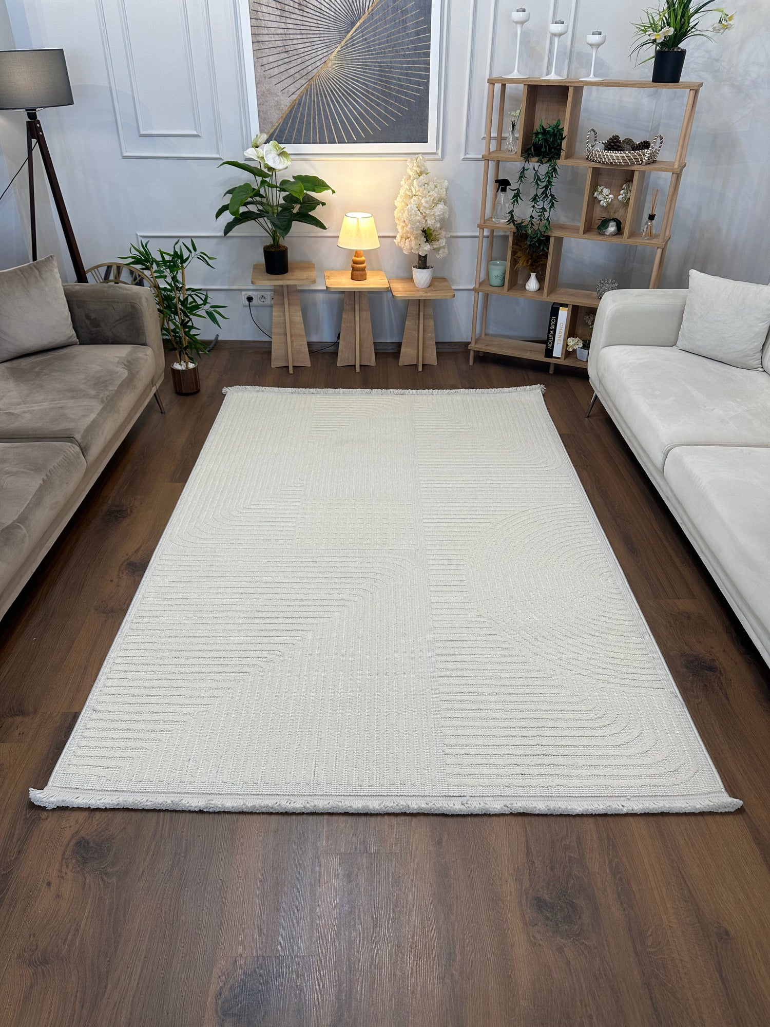 İCON T-LP04 KREM Kabartmalı Modern Geometrik Desenli Salon Halısı