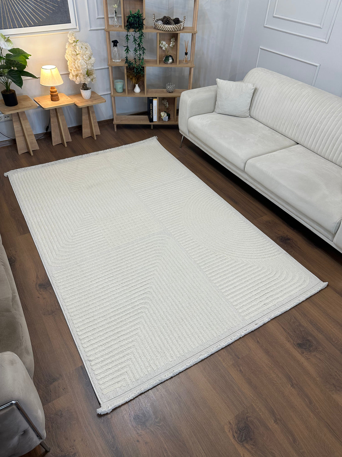İCON T-LP04 KREM Kabartmalı Modern Geometrik Desenli Salon Halısı