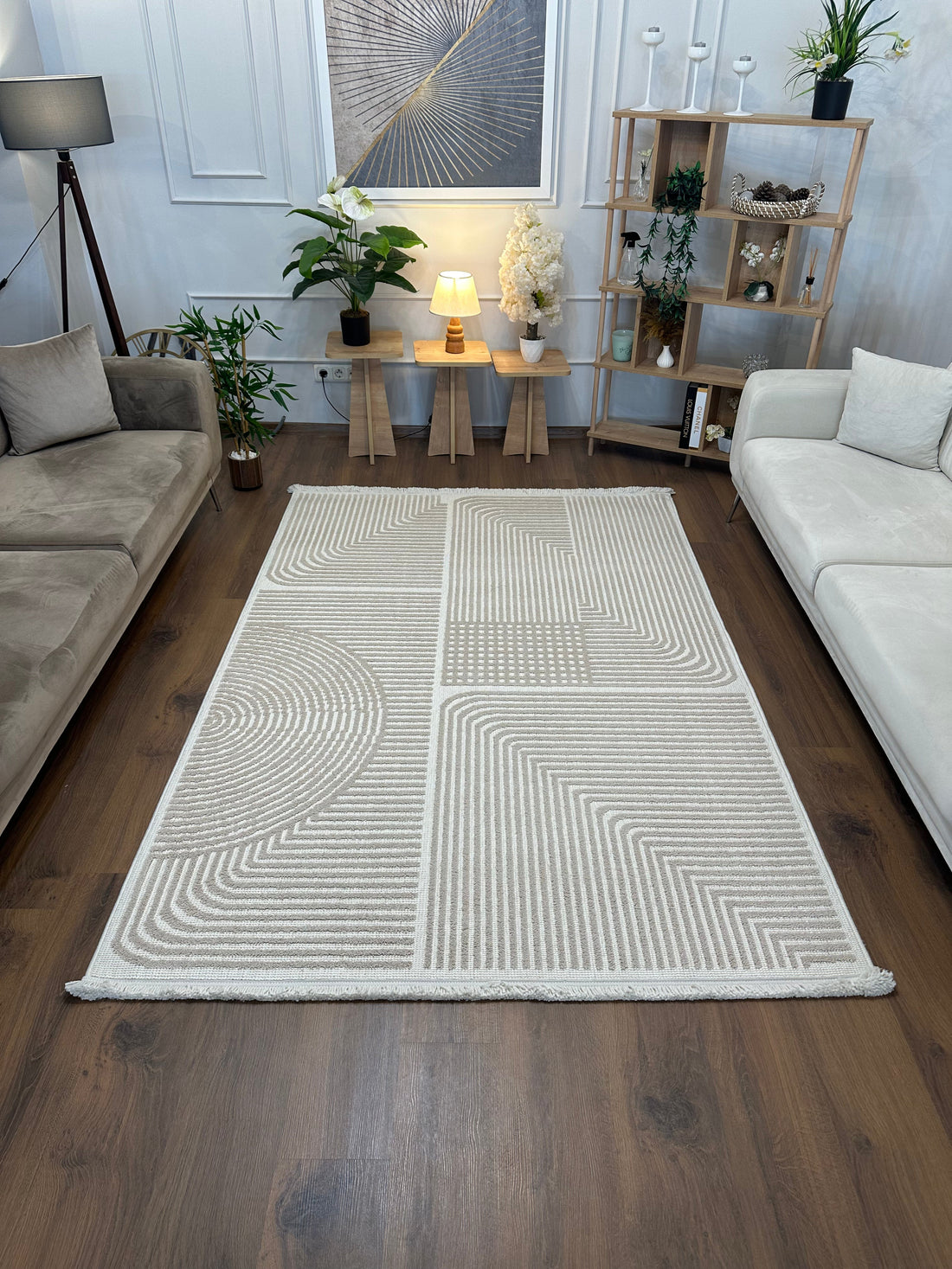 İCON T-LP03 BEJ Kabartmalı Modern Geometrik Desenli Salon Halısı